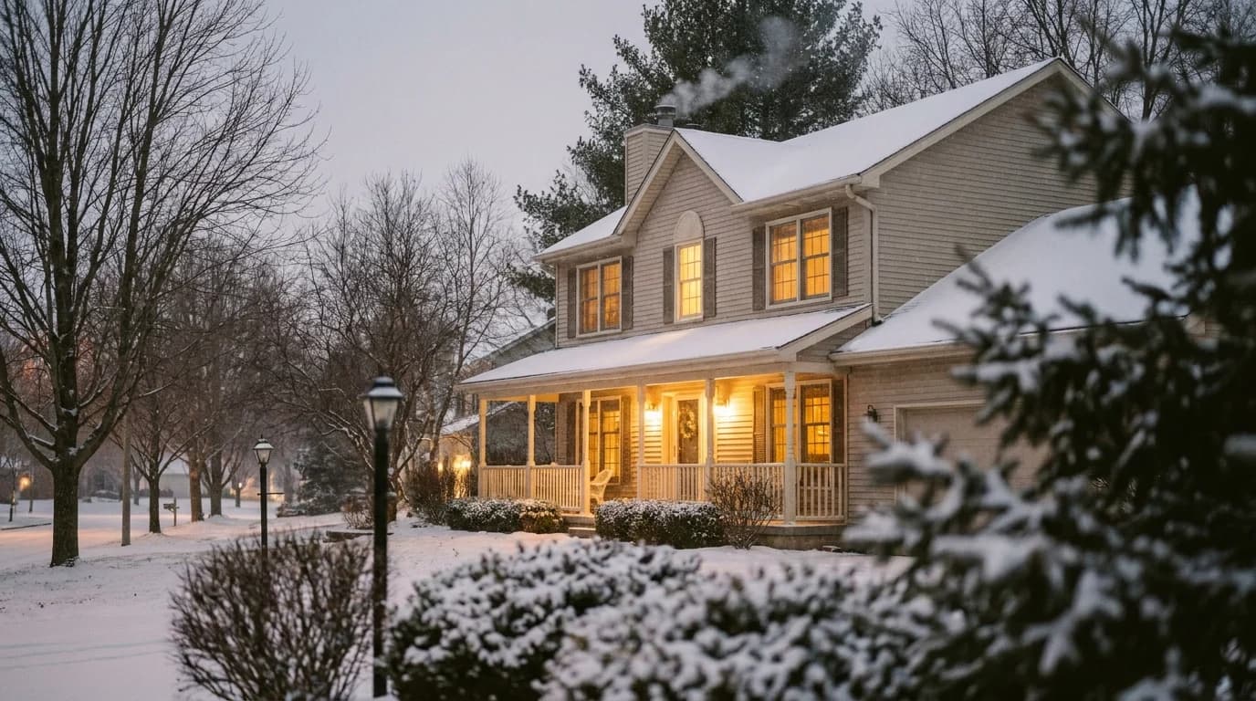 A two-storey house with a covered porch at dusk. Snow lies on the roof and lawn, and the windows are lit.