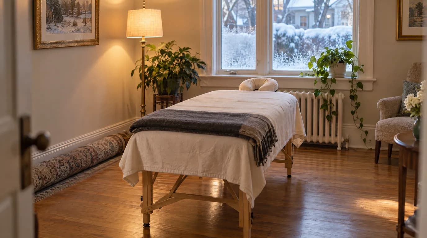 A portable massage table made up with cream flannel sheets, a grey wool blanket and a face cradle stands in a lamplit front room, the rug rolled against the wall and a radiator under a frosted window with snow outside.