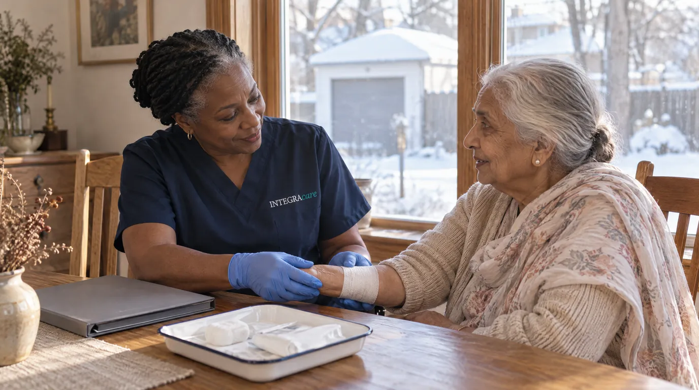 A nurse in navy scrubs and blue gloves holds an older woman's wrist and checks the clean dressing on her forearm as they talk at a dining table, with a snowy back lane and garage outside the window.