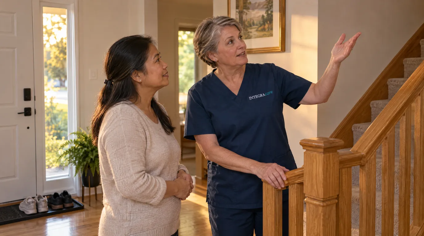 A nurse in navy scrubs rests one hand on the oak stair railing and gestures up the stairs as a woman listens in a clear front hall lit by evening sun.
