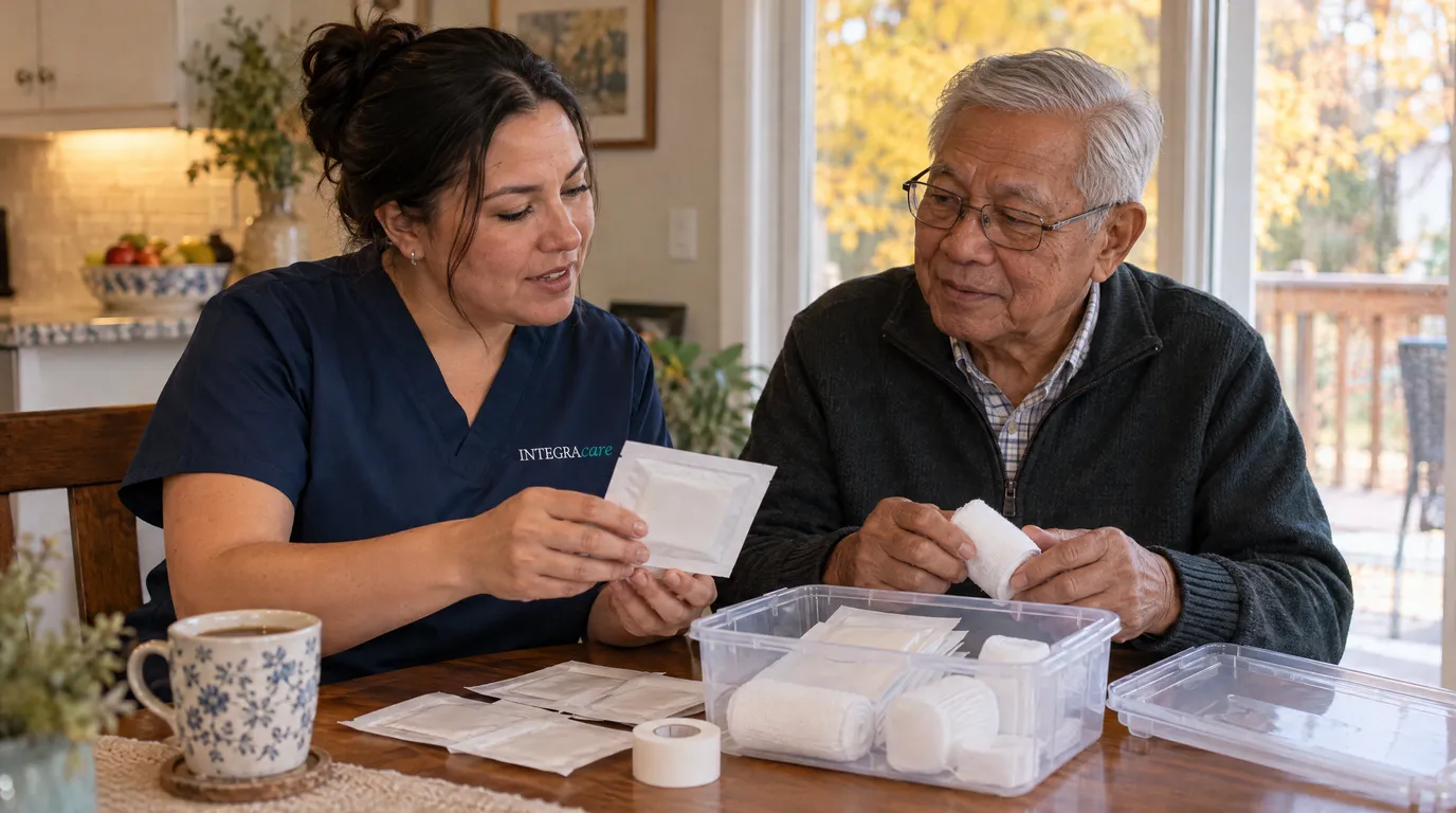A nurse in navy scrubs holds up a sealed dressing packet while an older man holds a roll of gauze at a kitchen table. Dressing packets, a roll of tape and a clear storage bin sit in front of them, and yellow autumn trees show through the window.