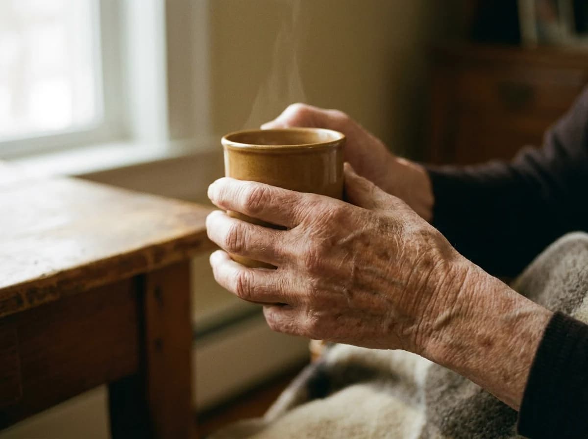 Two older hands wrap around a warm ceramic mug above a wool blanket, beside a wooden table and a bright window.