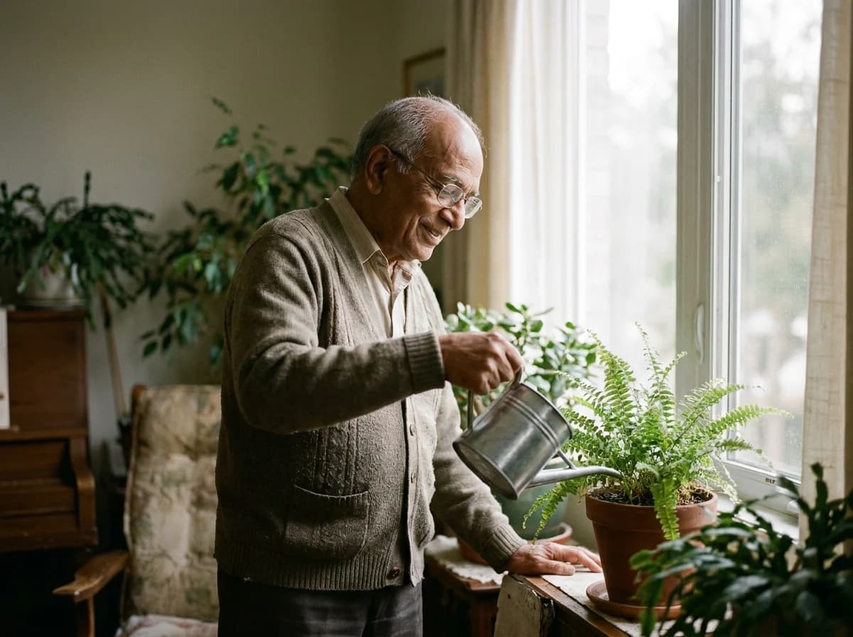 An older man in a cardigan waters a potted fern beside a window, with houseplants all around.