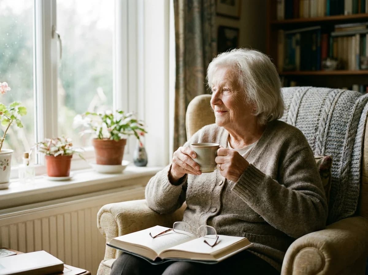 An older woman in an armchair by a bright window holds a cup of tea above an open book and reading glasses.