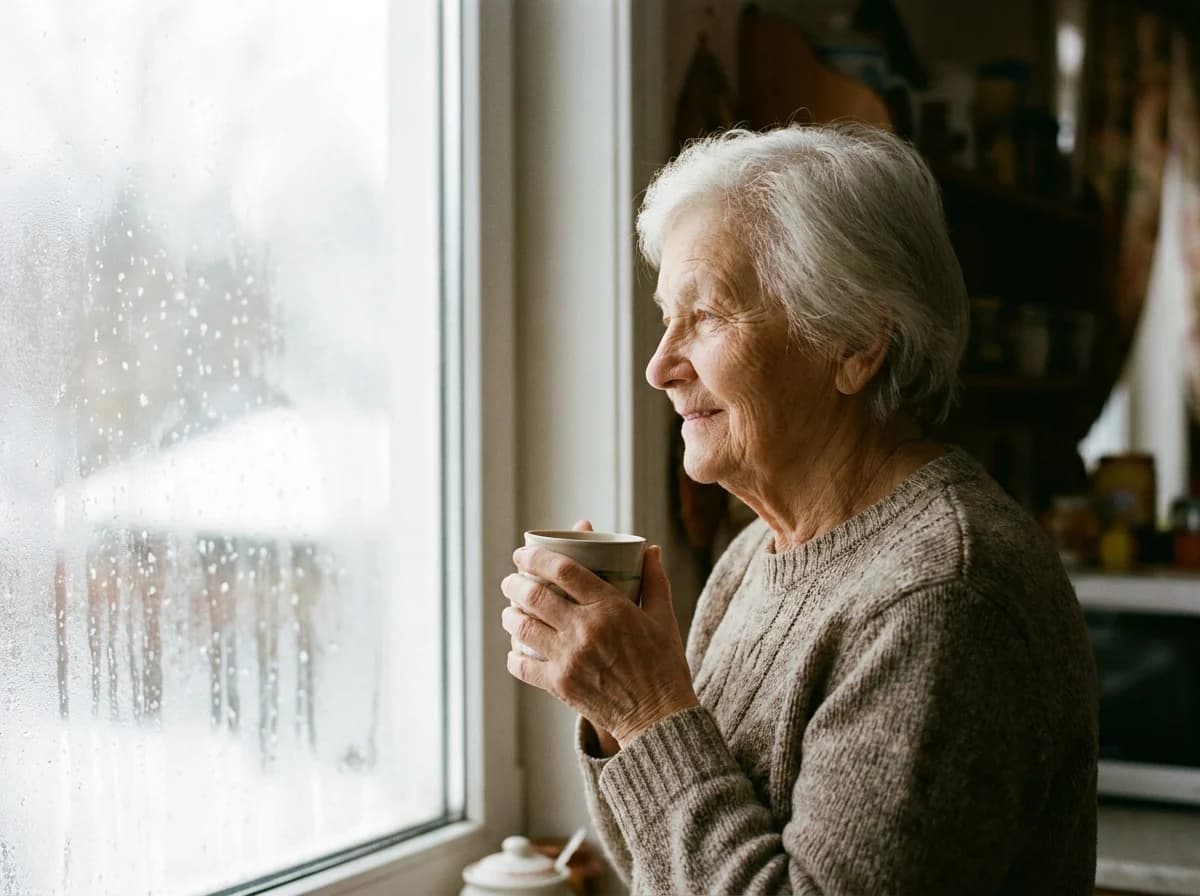 An older woman holds a mug and smiles out a frosted kitchen window on a snowy day.