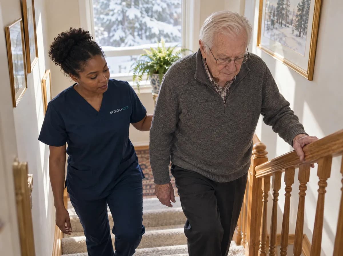 A physiotherapist in navy scrubs walks a step behind an older man, one hand at his back, as he climbs carpeted stairs holding the wooden railing. Snow-covered trees fill the window behind them.