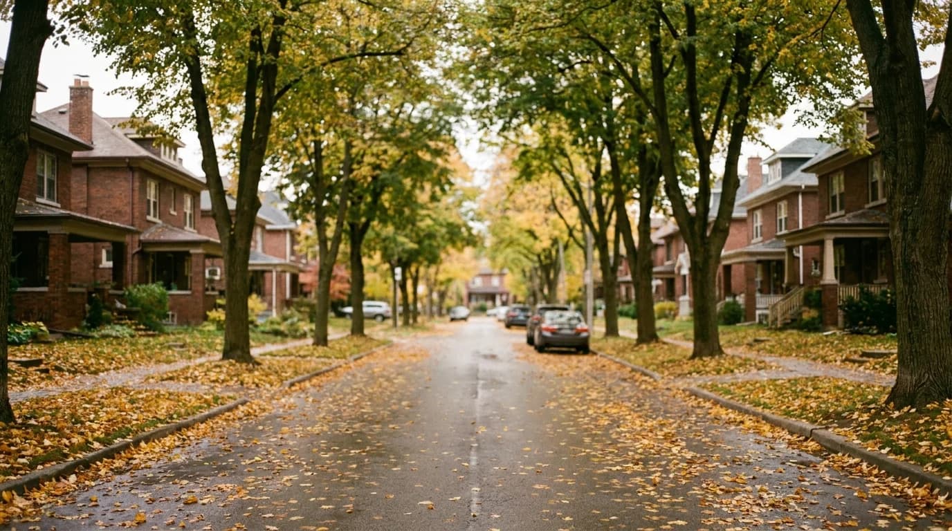 A tree-lined residential street of brick houses in autumn, with yellow leaves on the lawns and cars parked along the curb.