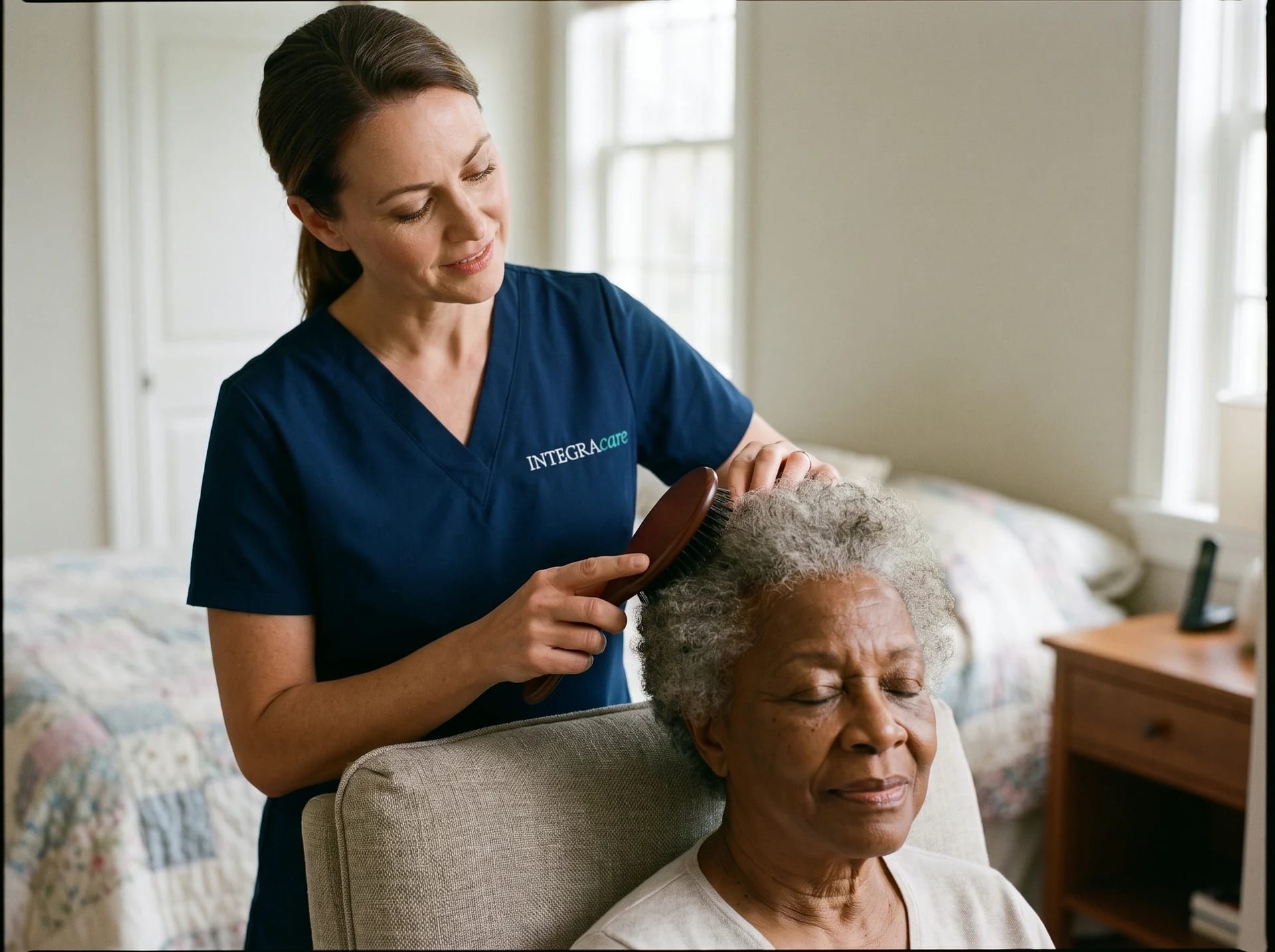 A caregiver in a navy Integracare scrub top brushes the grey hair of an older woman seated in a bedroom armchair.