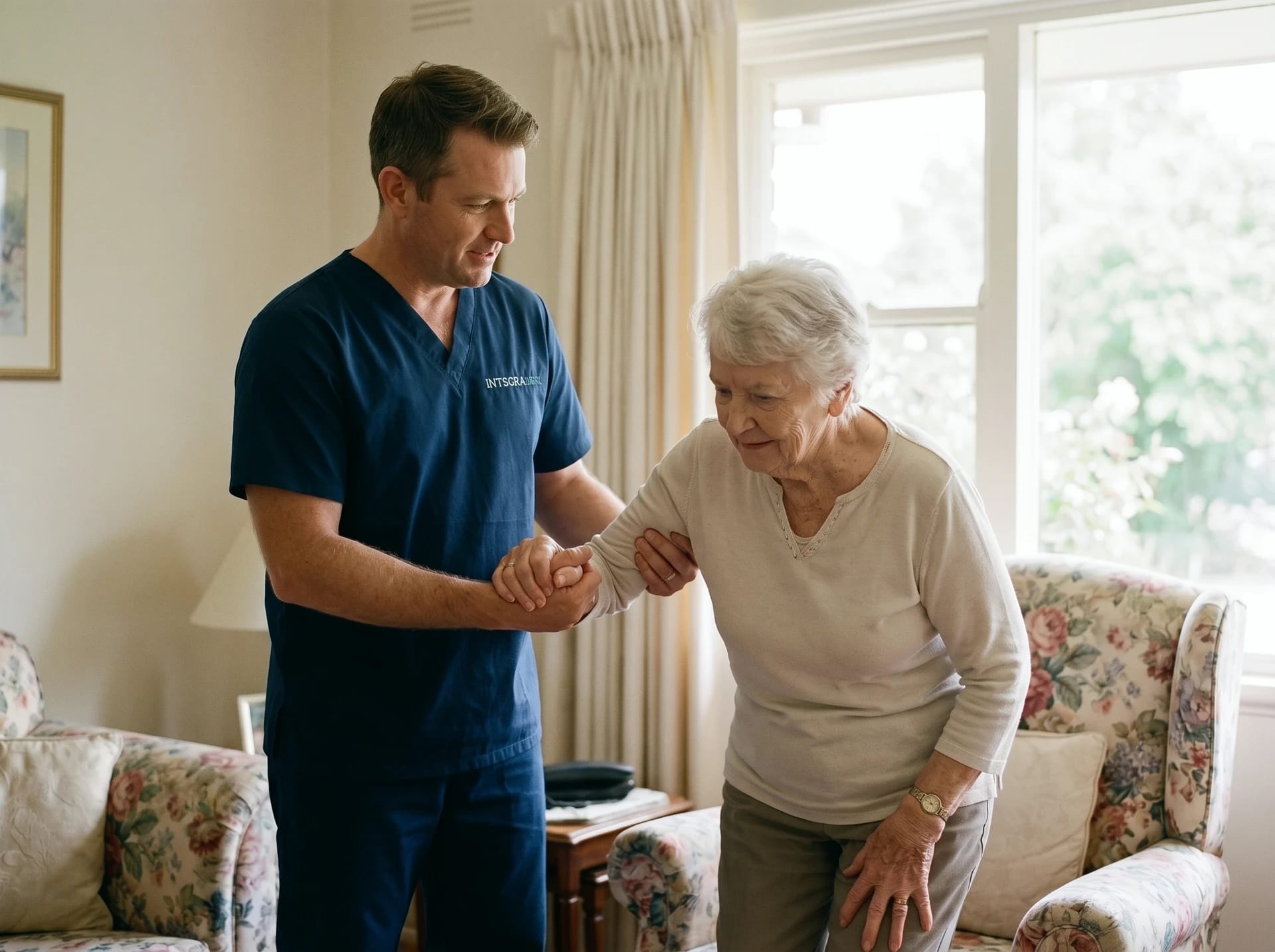 A caregiver in a navy scrub top holds an older woman's hand and elbow as the woman rises from a floral armchair in a bright living room.