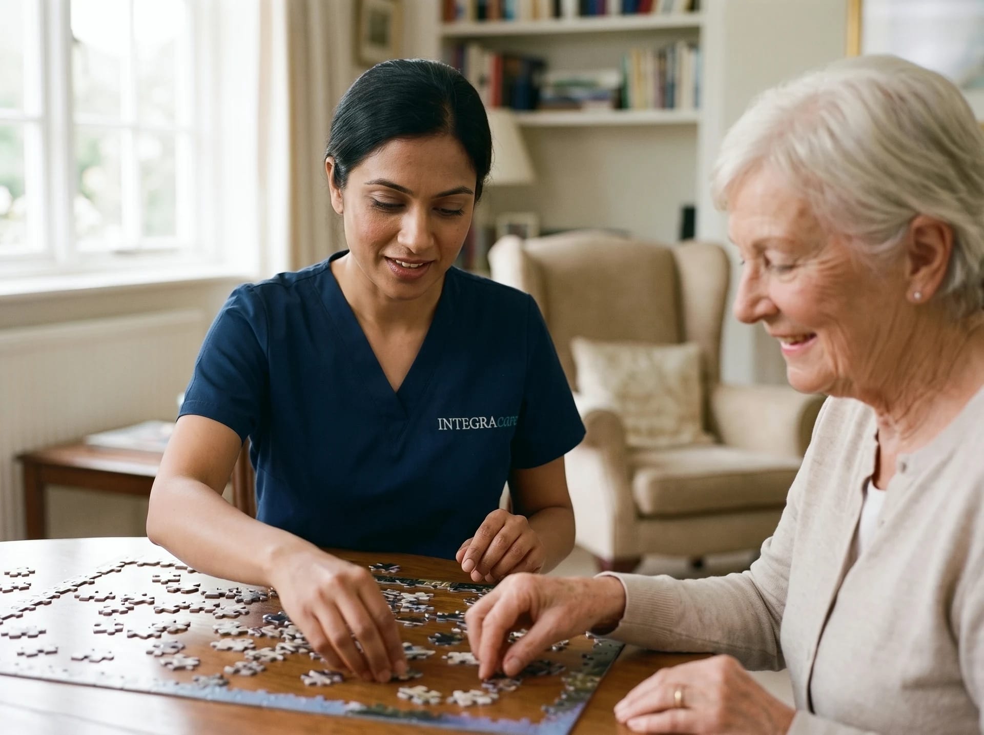 A caregiver in a navy scrub top and an older woman fit jigsaw puzzle pieces together at a wooden table in a bright living room.