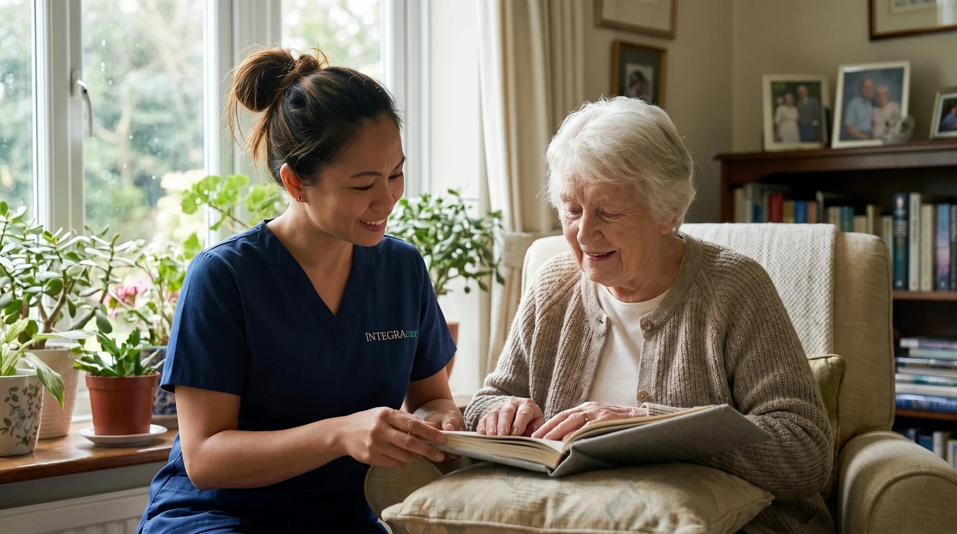 A caregiver in navy scrubs and an older woman in an armchair smile over an open book by a sunny window lined with houseplants.