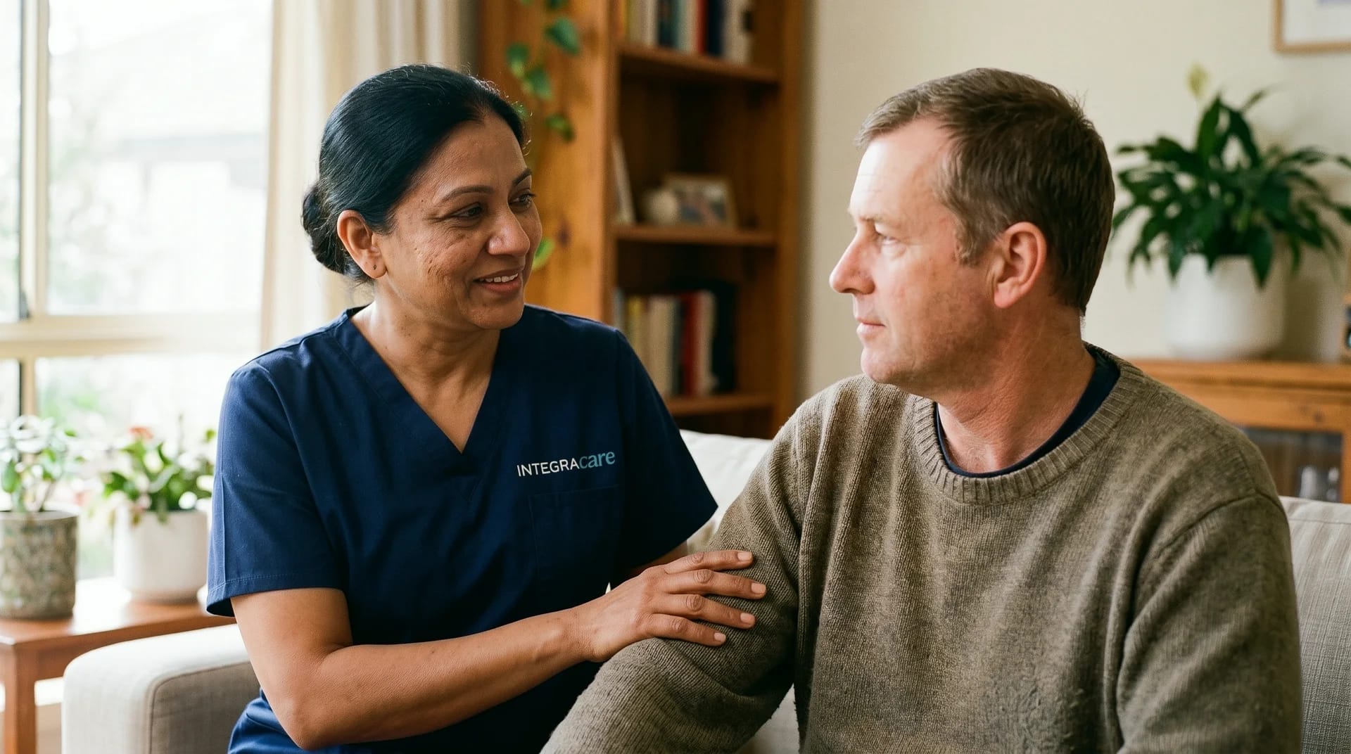 An Integracare caregiver in a navy scrub top rests a hand on the arm of a middle-aged son as they talk on a living room sofa.