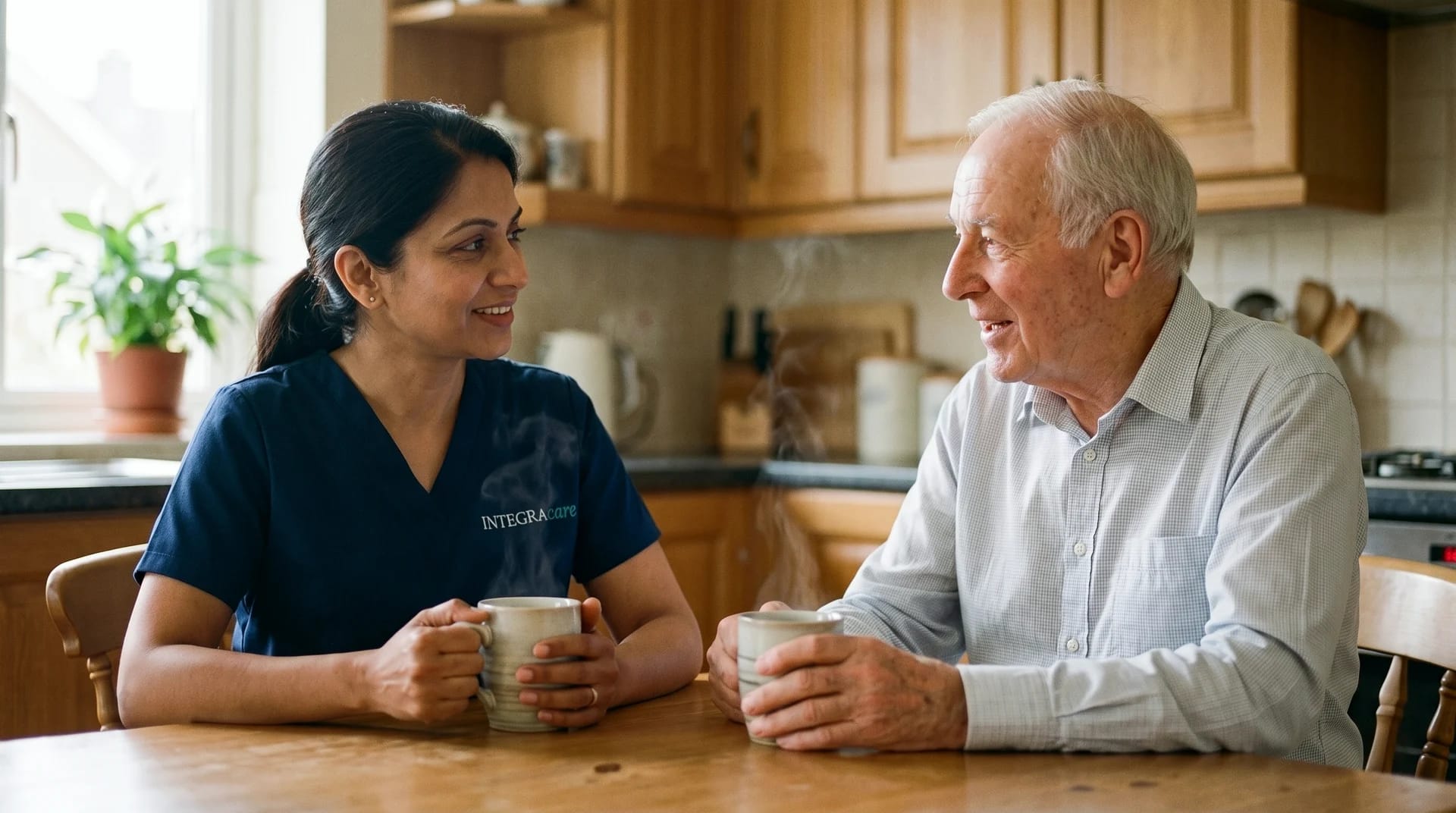 A caregiver in a navy scrub top and an older man talk over mugs of tea at a wooden kitchen table.