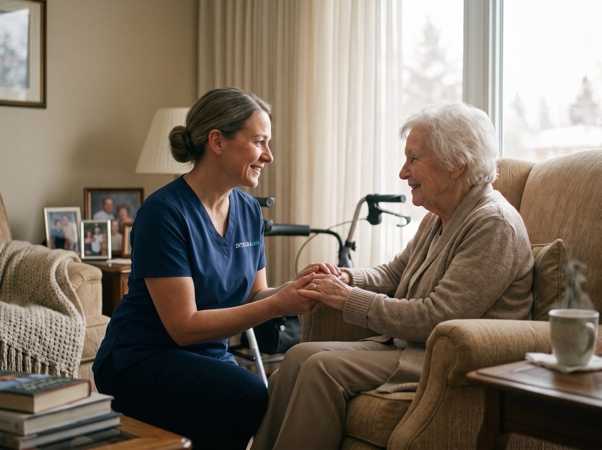 Compassionate dementia caregiver with a senior at home