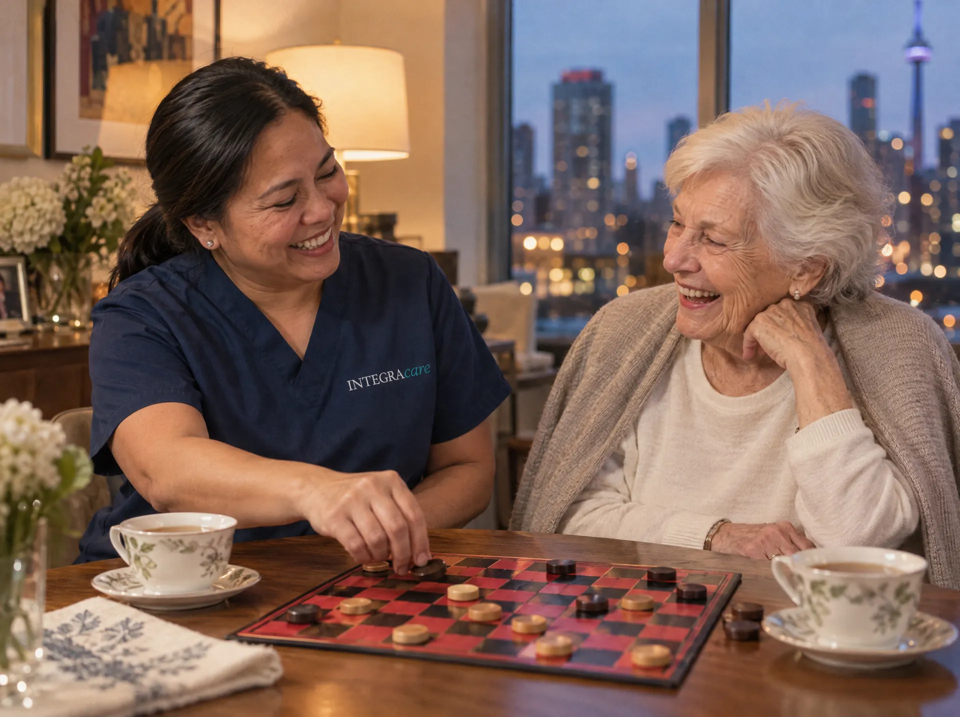 An older woman and a caregiver smiling while playing a board game at home