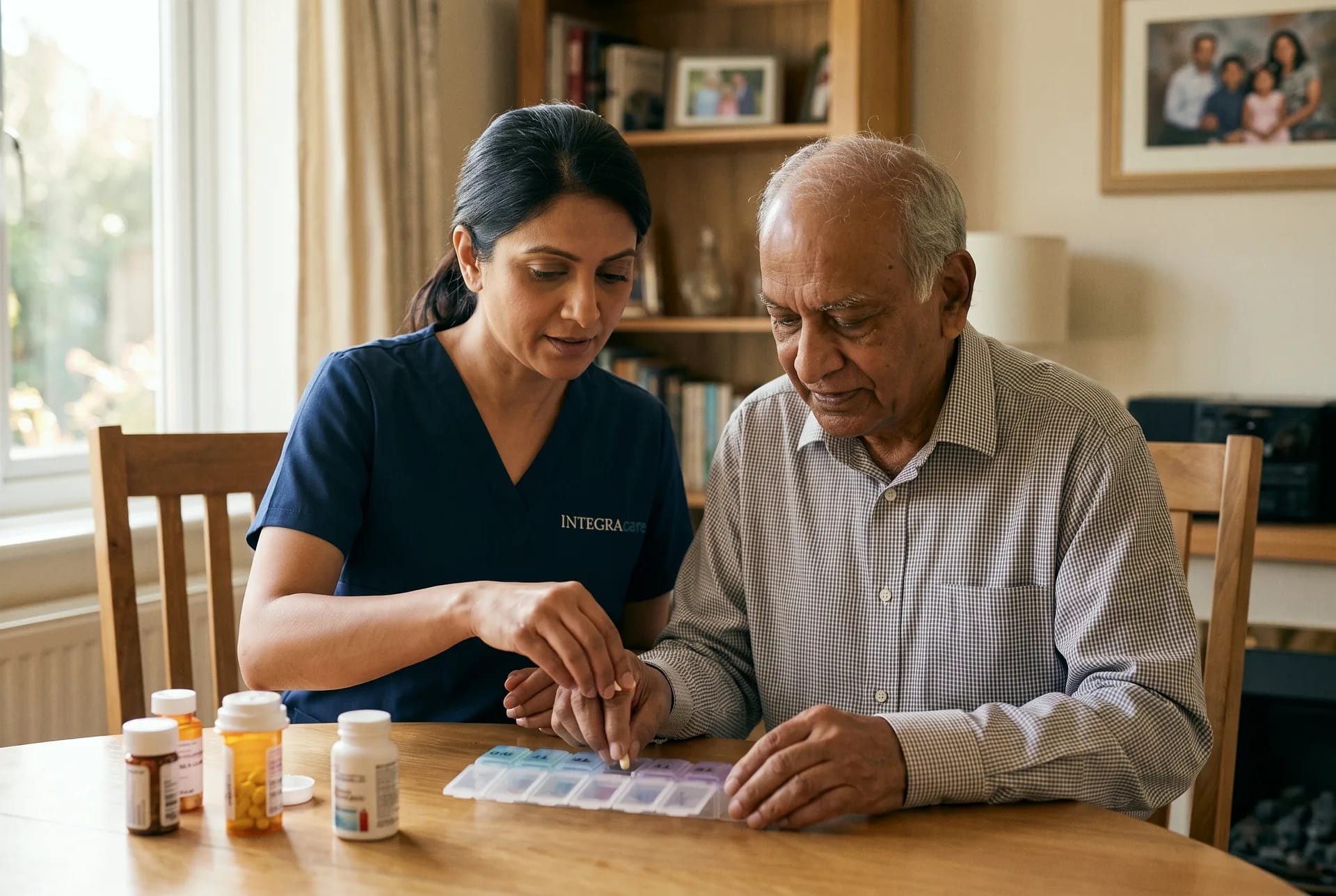 A caregiver in navy scrubs and an older man fill a weekly pill organizer together at a dining table, with prescription bottles beside them.
