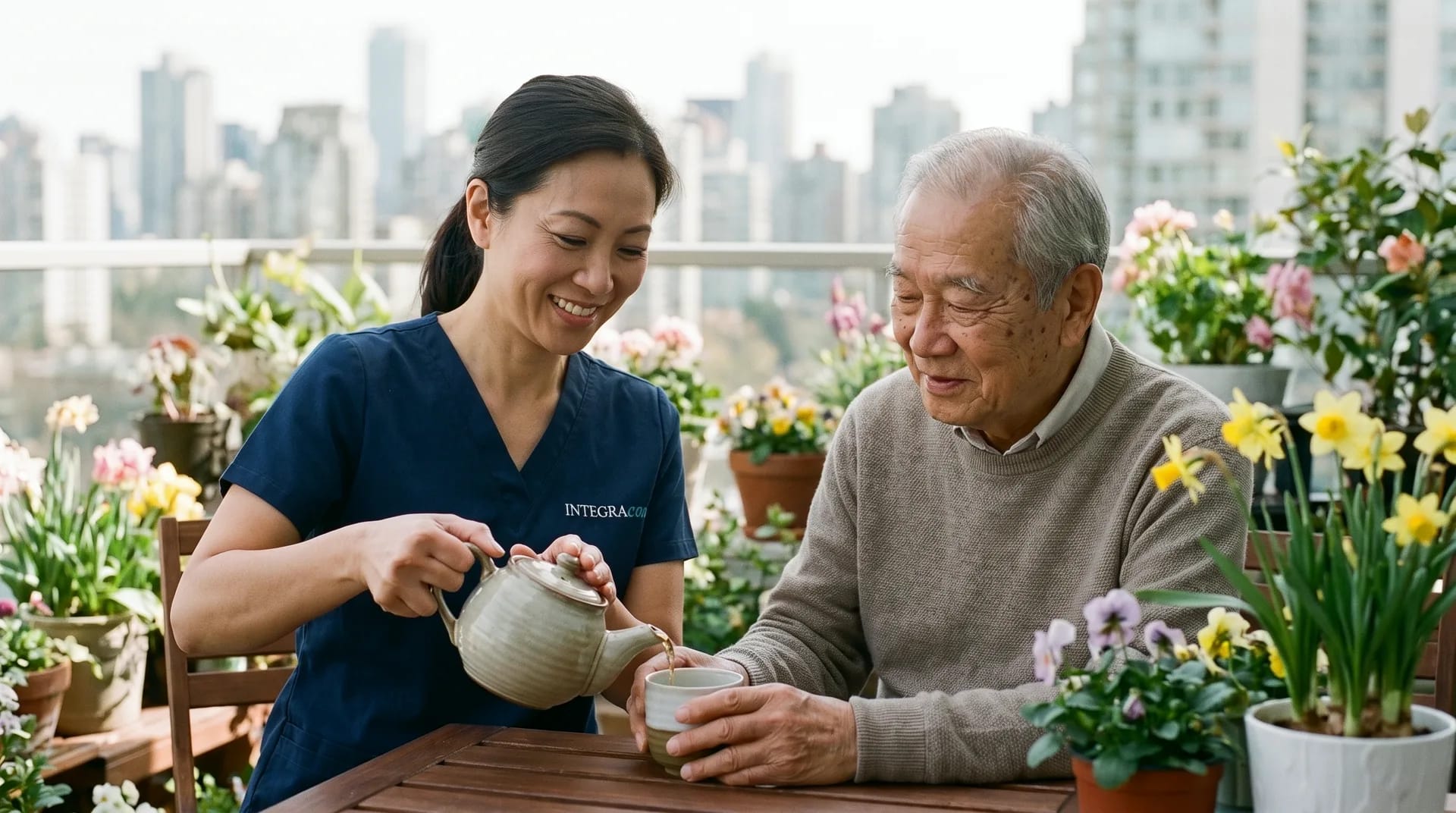 A caregiver pours tea for an older man at a table on a condominium balcony lined with spring flowers, with city towers behind them.