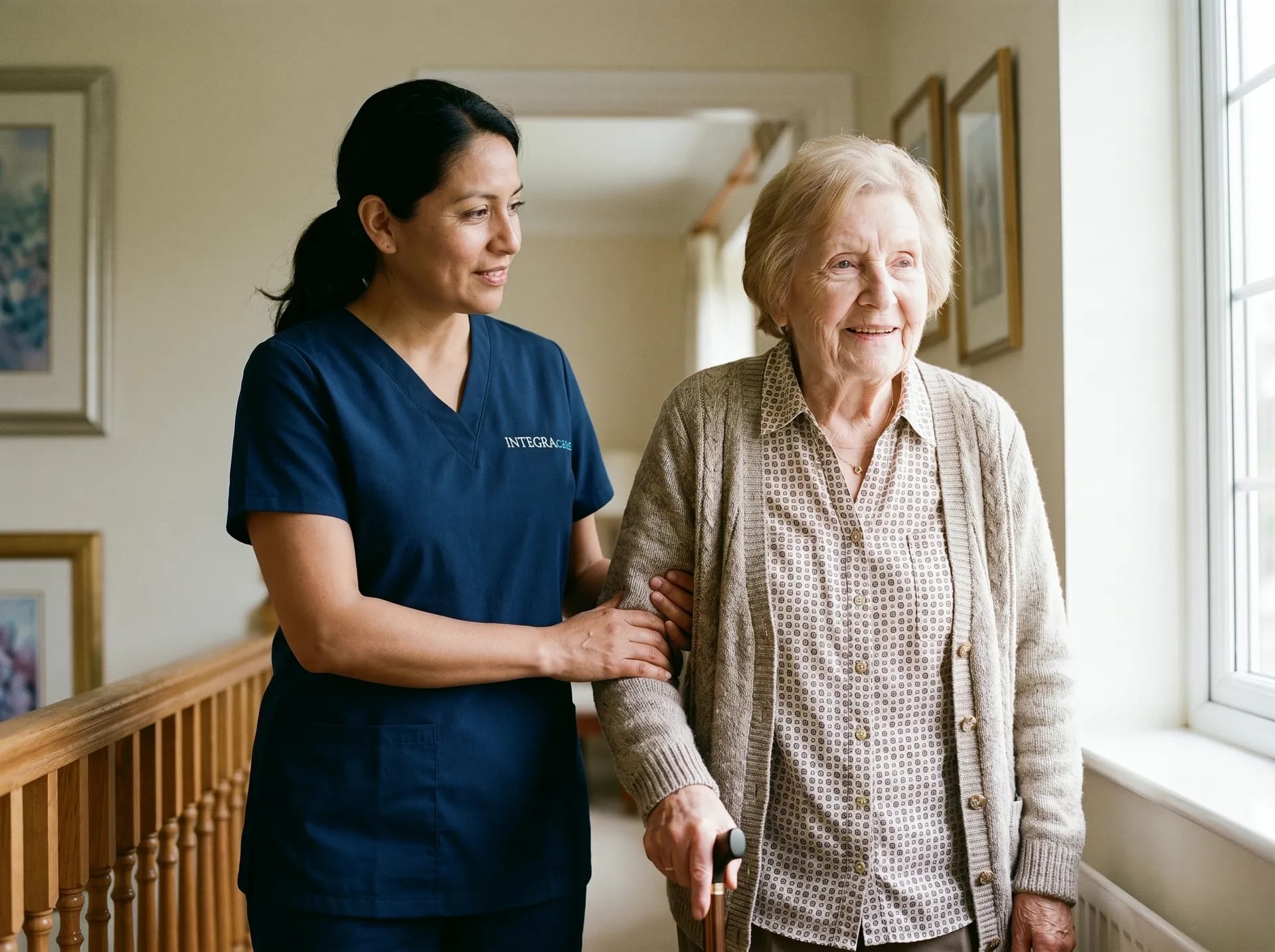 A caregiver in navy scrubs holds the arm of an older woman walking with a cane along a sunny upstairs hallway beside the stair railing.
