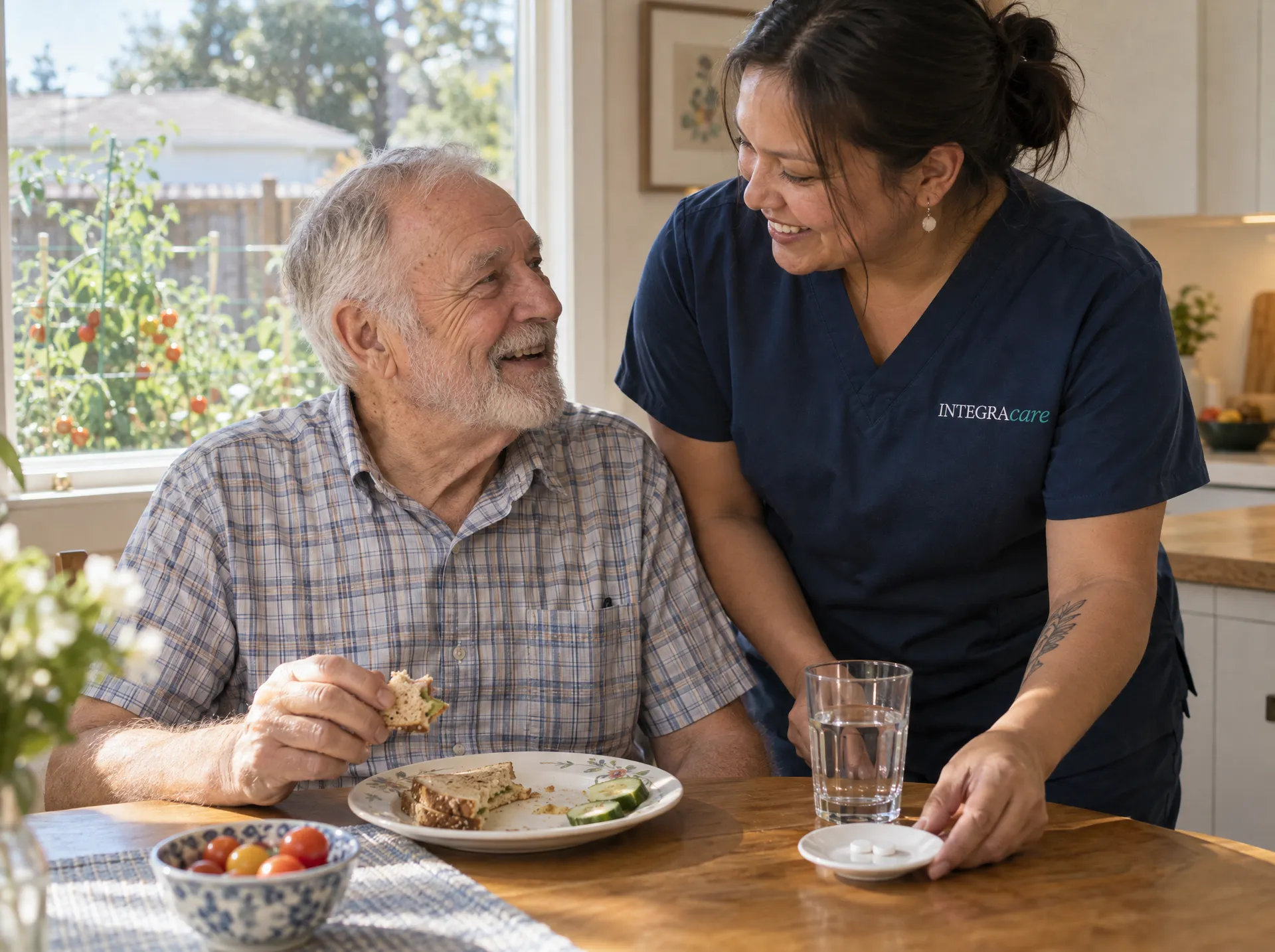 A caregiver in navy scrubs sets a glass of water and a saucer with two tablets beside an older man eating his lunch at the kitchen table. They smile at each other.