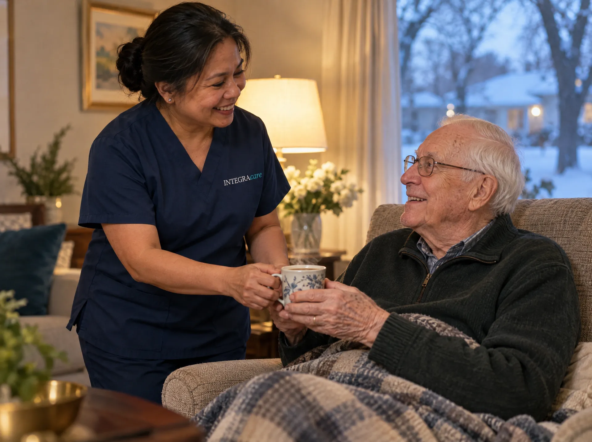 A caregiver in navy scrubs hands a cup of tea to an older man resting in an armchair under a plaid blanket. They smile at each other in lamplight, with a snowy street outside the window at dusk.