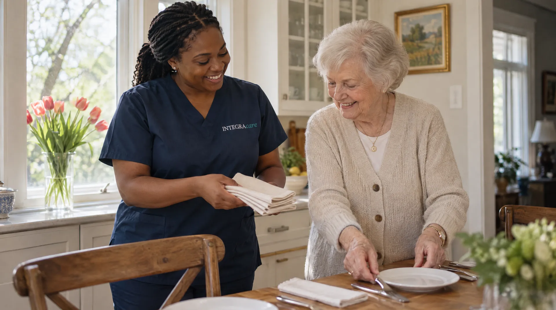 A caregiver in navy scrubs holds a stack of folded napkins while an older woman lays cutlery beside a plate on the kitchen table. Pink tulips stand in a glass vase on the windowsill.