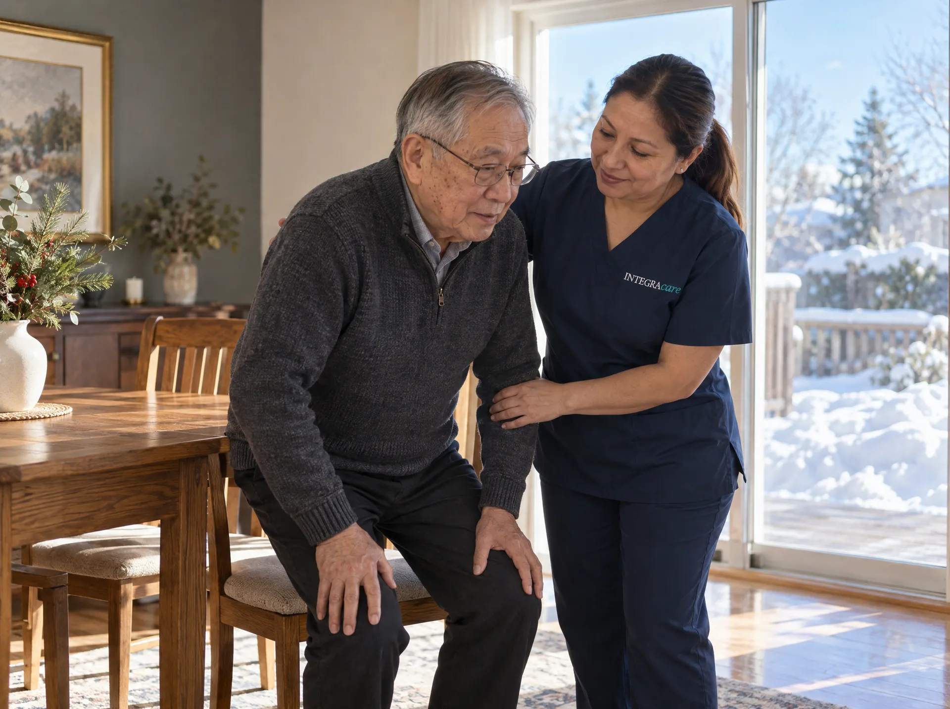 A caregiver in navy scrubs keeps a hand on an older man's arm and shoulder as he leans forward to stand up from a dining chair, with snowbanks outside the patio door.