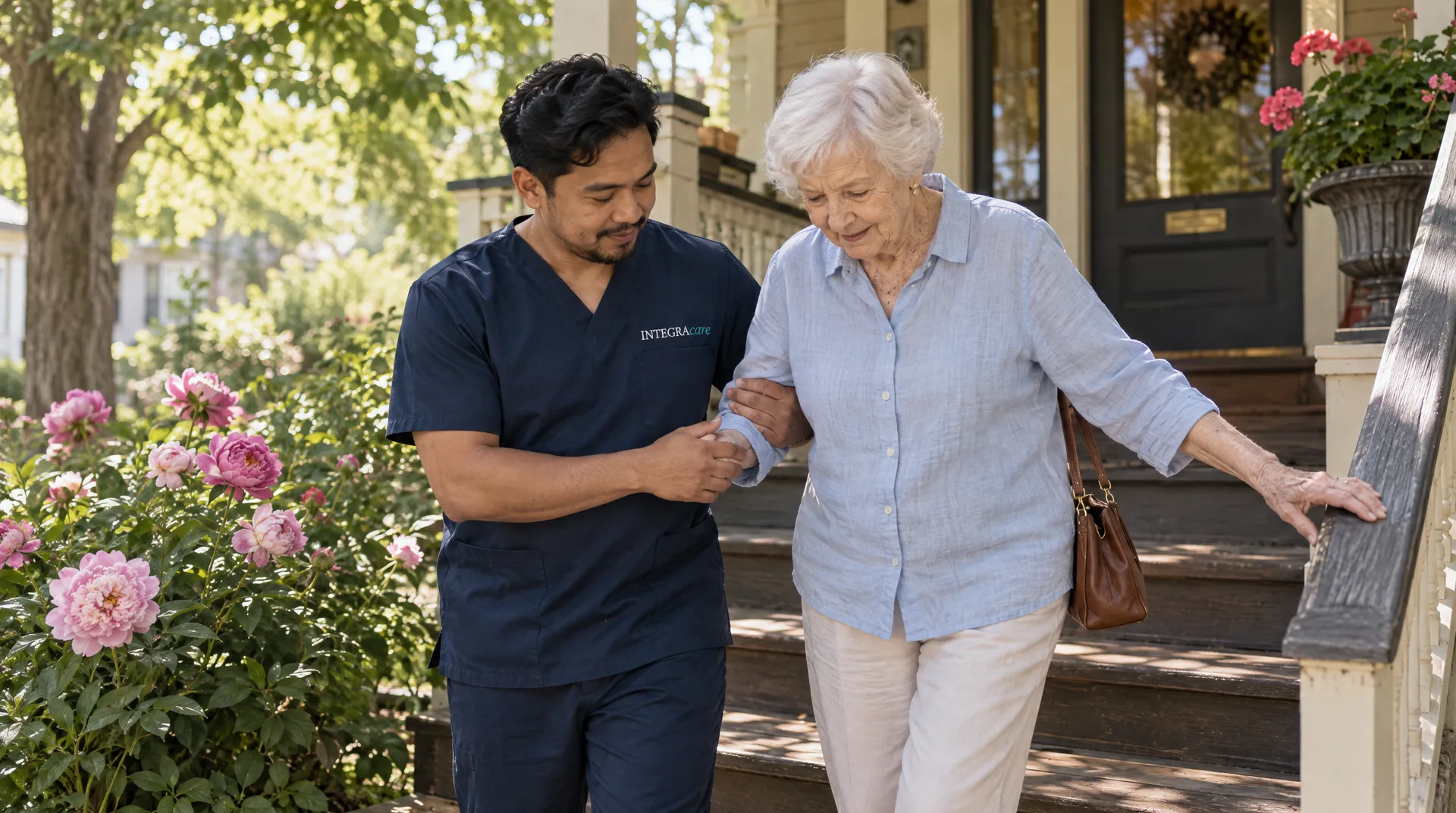 A caregiver in navy scrubs holds the arm of an older woman as she steps down her front porch stairs, her other hand on the wooden railing and pink peonies blooming beside the steps.