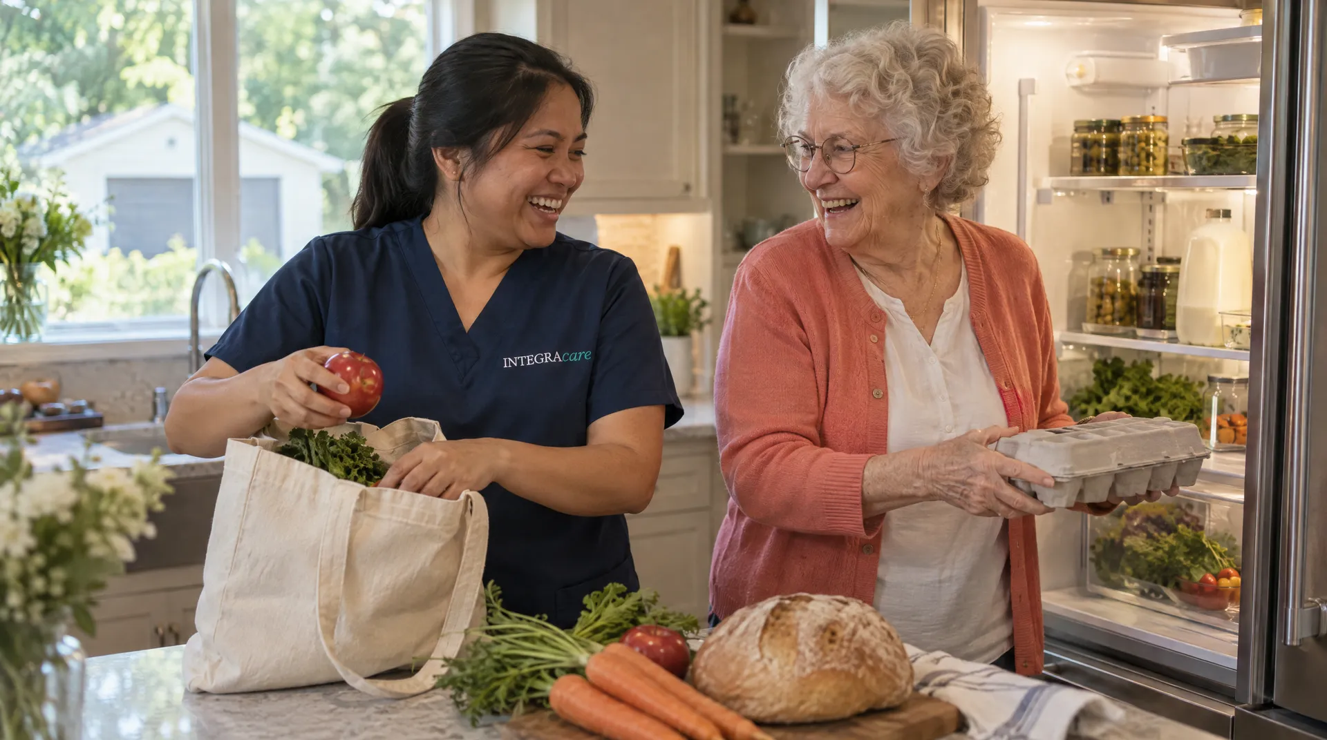 A caregiver in navy scrubs lifts an apple from a canvas grocery bag while an older woman in a coral cardigan puts a carton of eggs in the fridge, both laughing in a bright kitchen.
