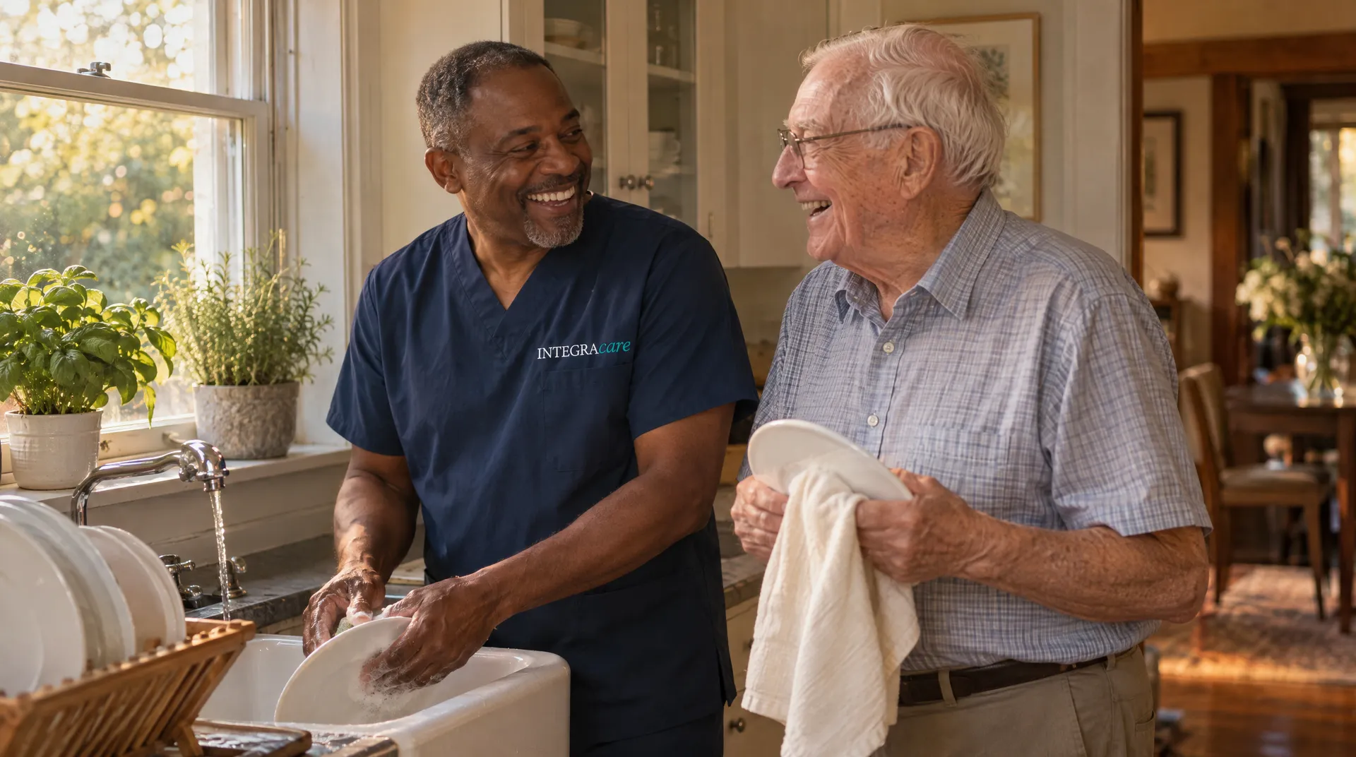 A caregiver in navy scrubs washes a plate at the kitchen sink as an older man in glasses dries another with a tea towel, both laughing in warm evening sun.