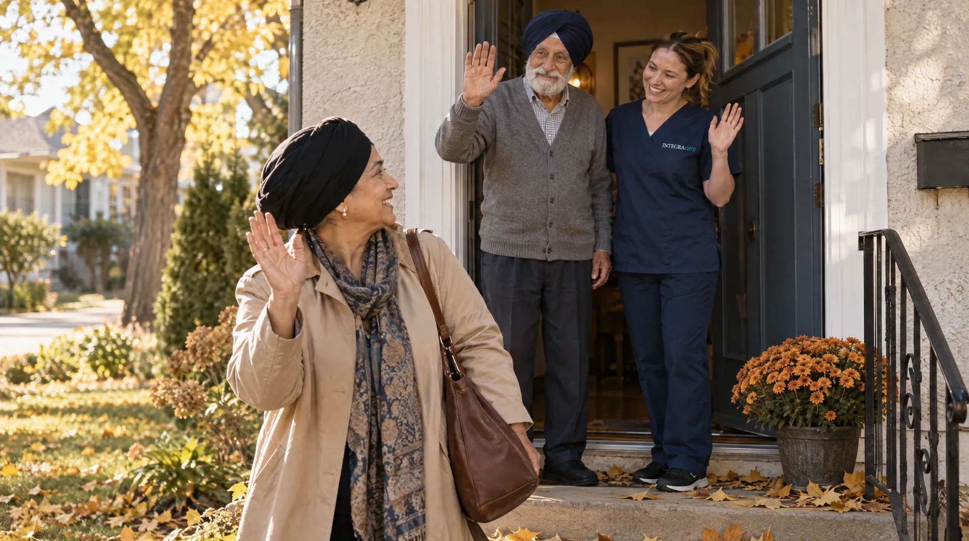 A woman with a shoulder bag waves goodbye from the front walk as her father, in a navy turban, and a caregiver in navy scrubs wave back from the open door of a stucco bungalow on an autumn morning.