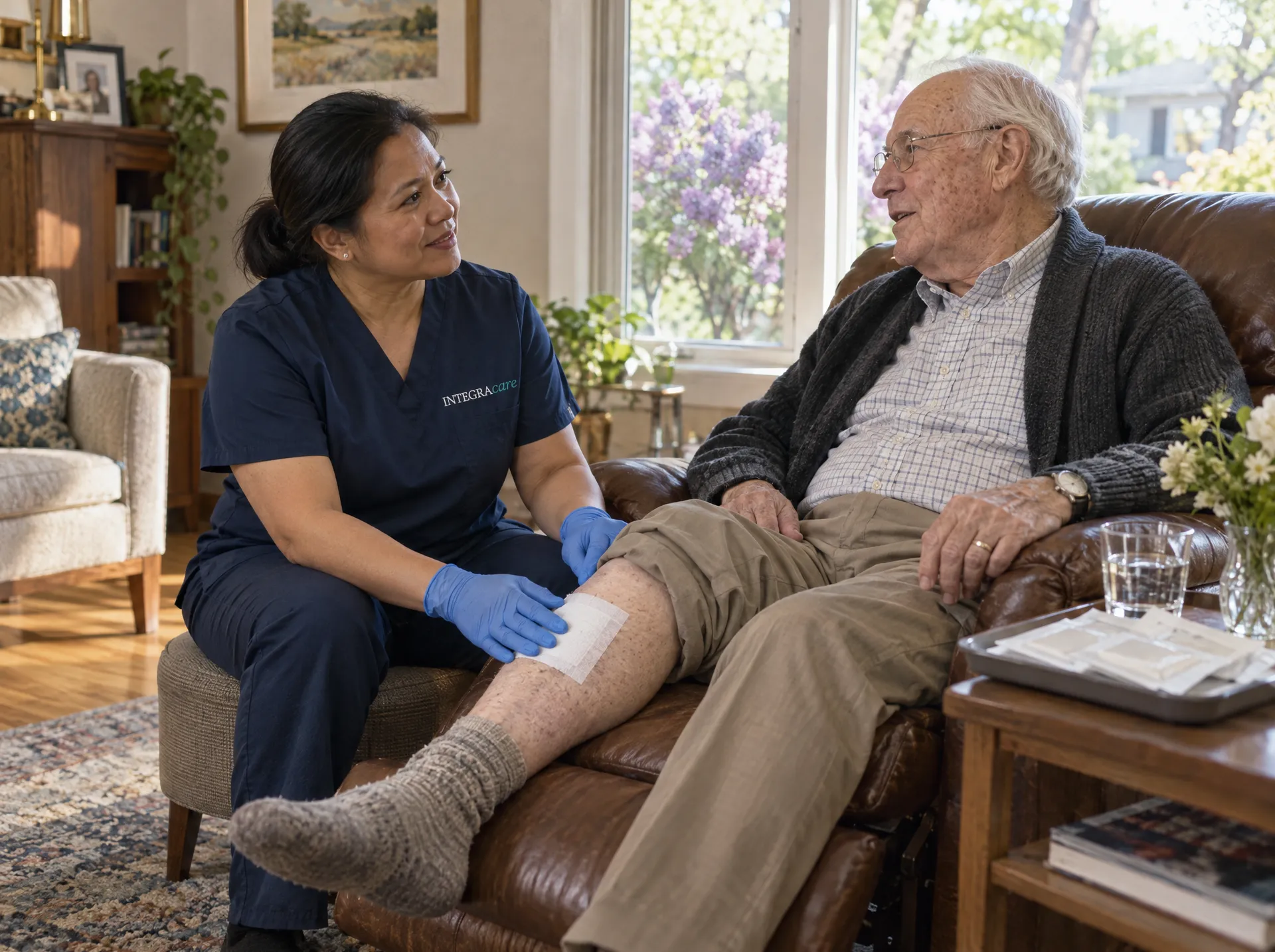 A nurse in navy scrubs and blue gloves smooths a clean white dressing on the shin of an older man in a leather recliner as they talk, with lilacs in bloom outside the window.
