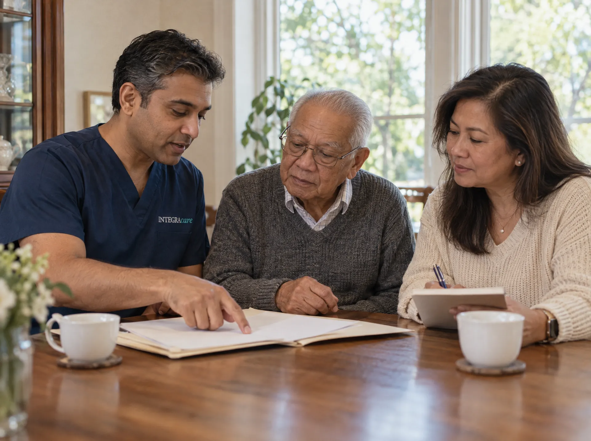 A nurse in navy scrubs points to a page in an open folder while an older man in glasses and his daughter, notepad and pen in hand, follow along at a dining table by a bright window.