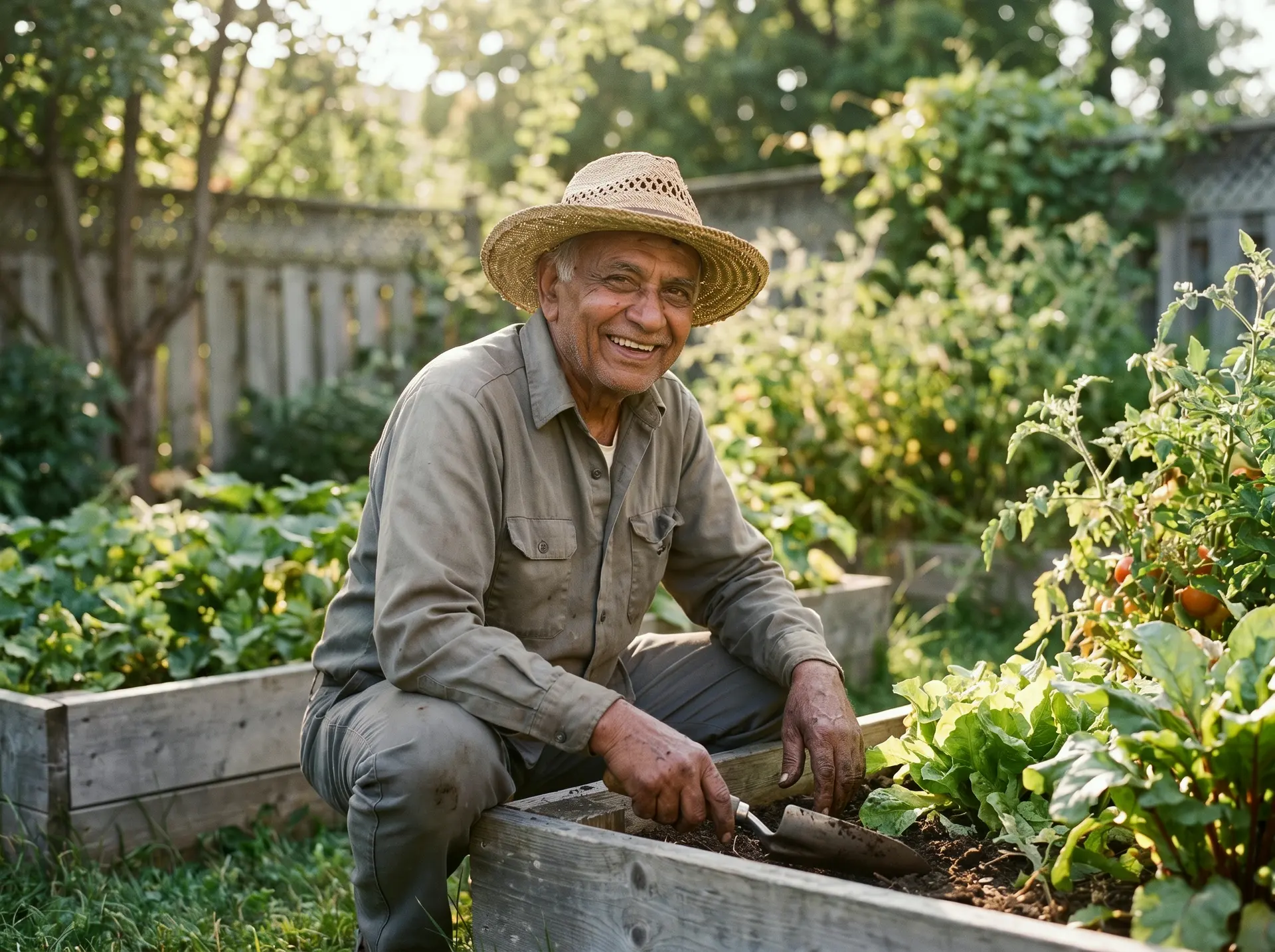 An older man in a straw hat kneels beside a raised vegetable bed in a sunny backyard, holding a trowel and smiling.