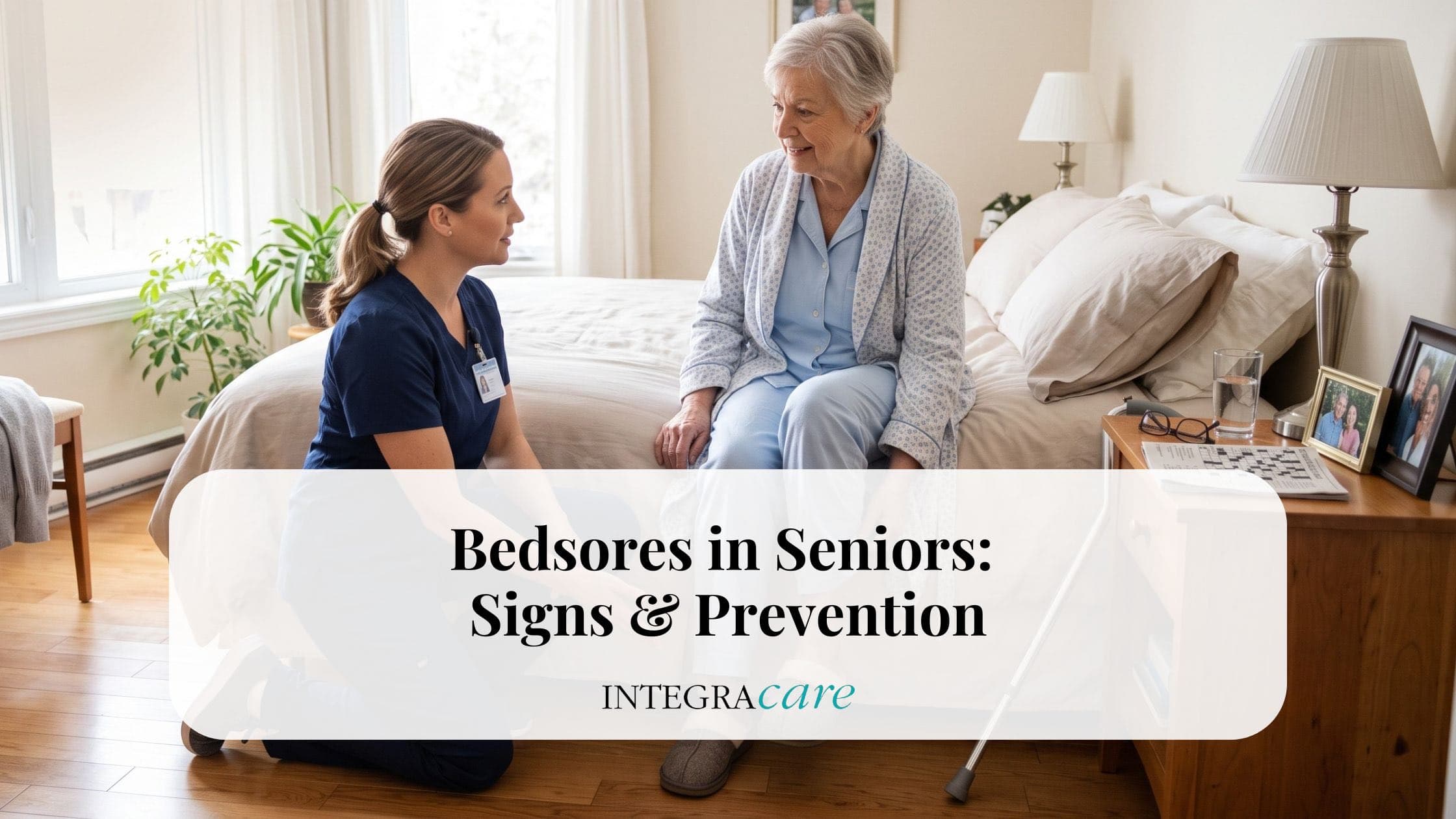 Home care nurse helping an older woman reduce the risk of bedsores through mobility support and pressure injury prevention at home.