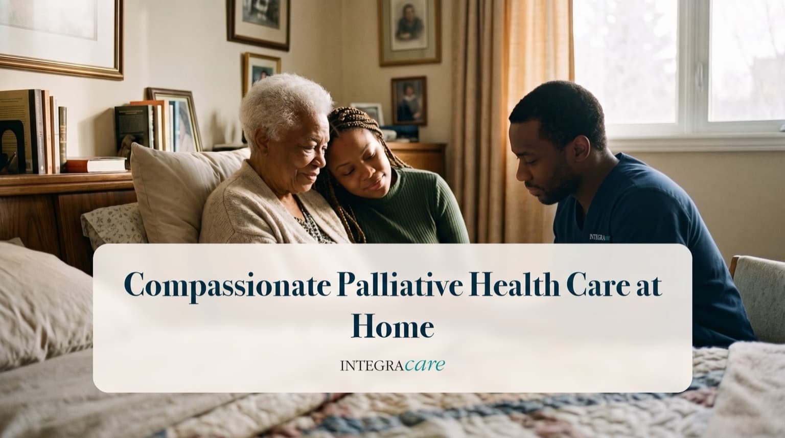 An older woman rests against her granddaughter's shoulder on a bed at home while a male caregiver in scrubs sits with them, framed family photos on the wall behind.