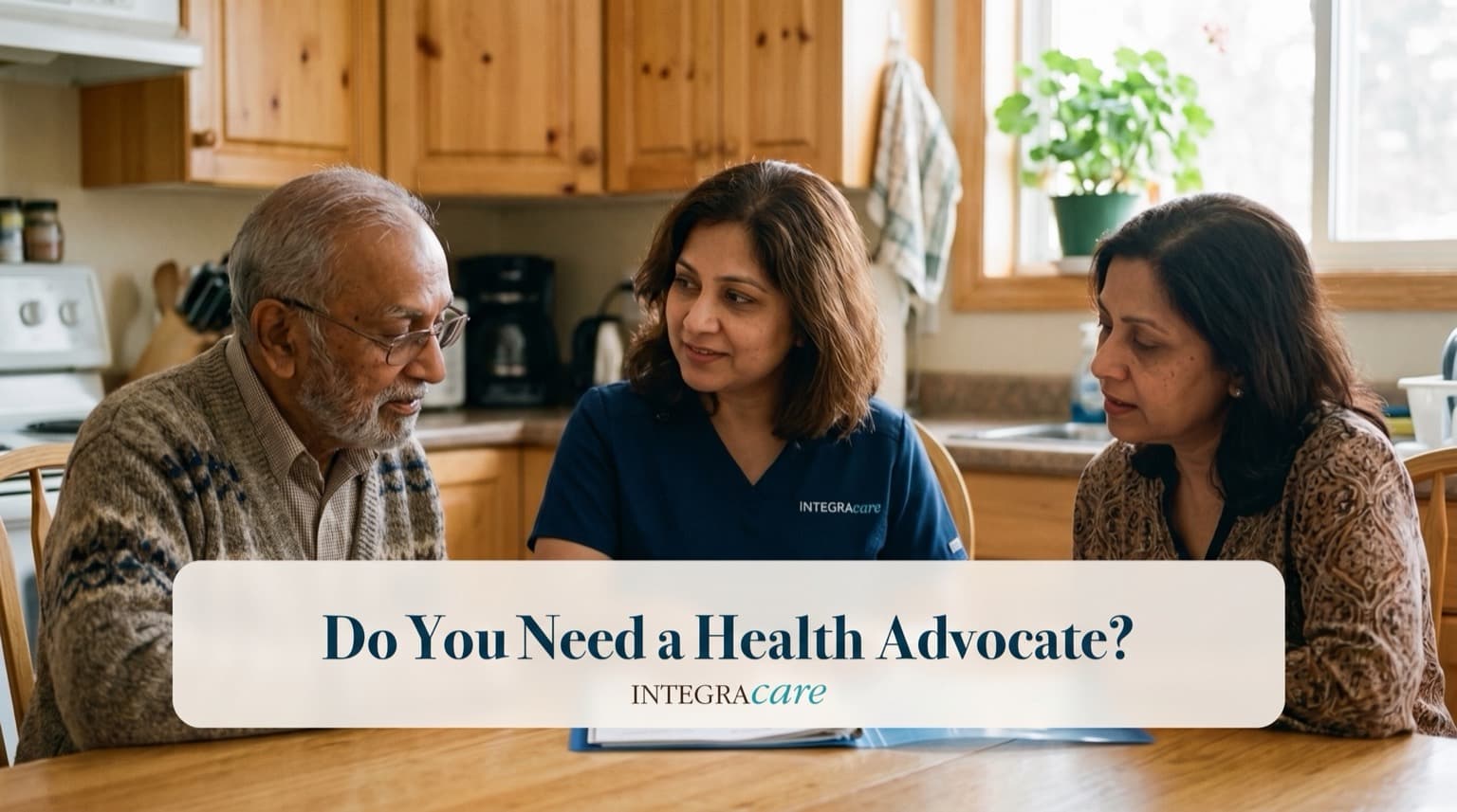 Senior man and two family members lean over a binder of medical paperwork together at a kitchen table