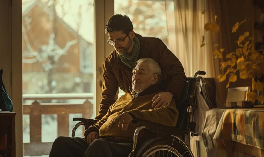 Elderly man in wheelchair smiling with another man standing beside him with his arm around the elderly man