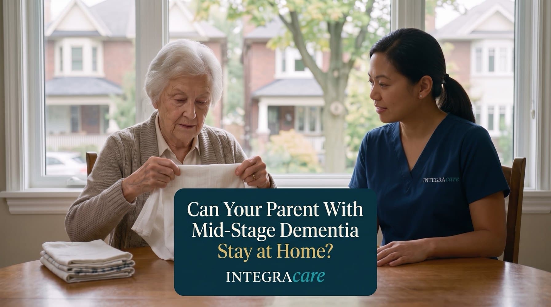 An older woman folds a tea towel at her kitchen table while an Integracare caregiver in a navy Integracare scrub top sits beside her, Toronto houses through the window behind them, beside the title Can Your Parent With Mid-Stage Dementia Stay at Home?