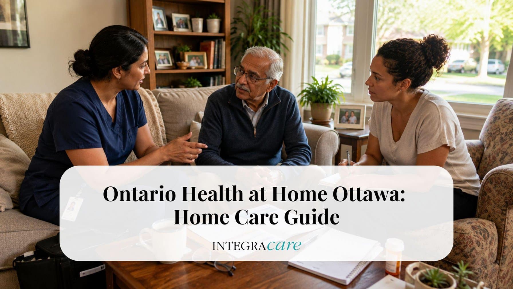 Home care nurse meeting with an older adult and family caregiver to discuss Ontario Health atHome services in Ottawa