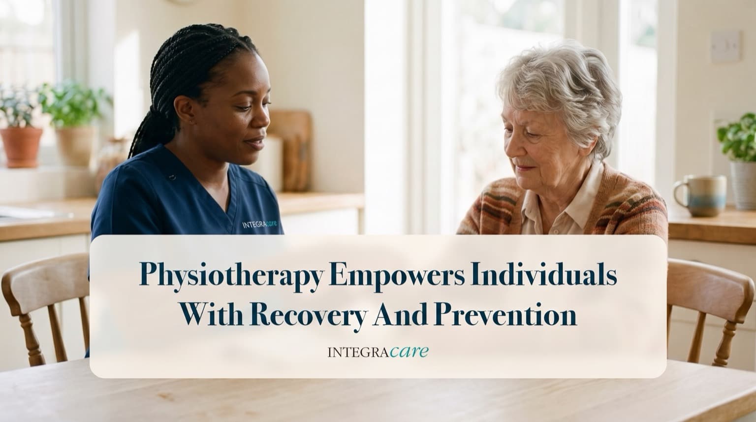 A caregiver in navy scrubs sits at a sunny kitchen table with a senior woman in a cardigan, under the title Physiotherapy Empowers Individuals With Recovery And Prevention