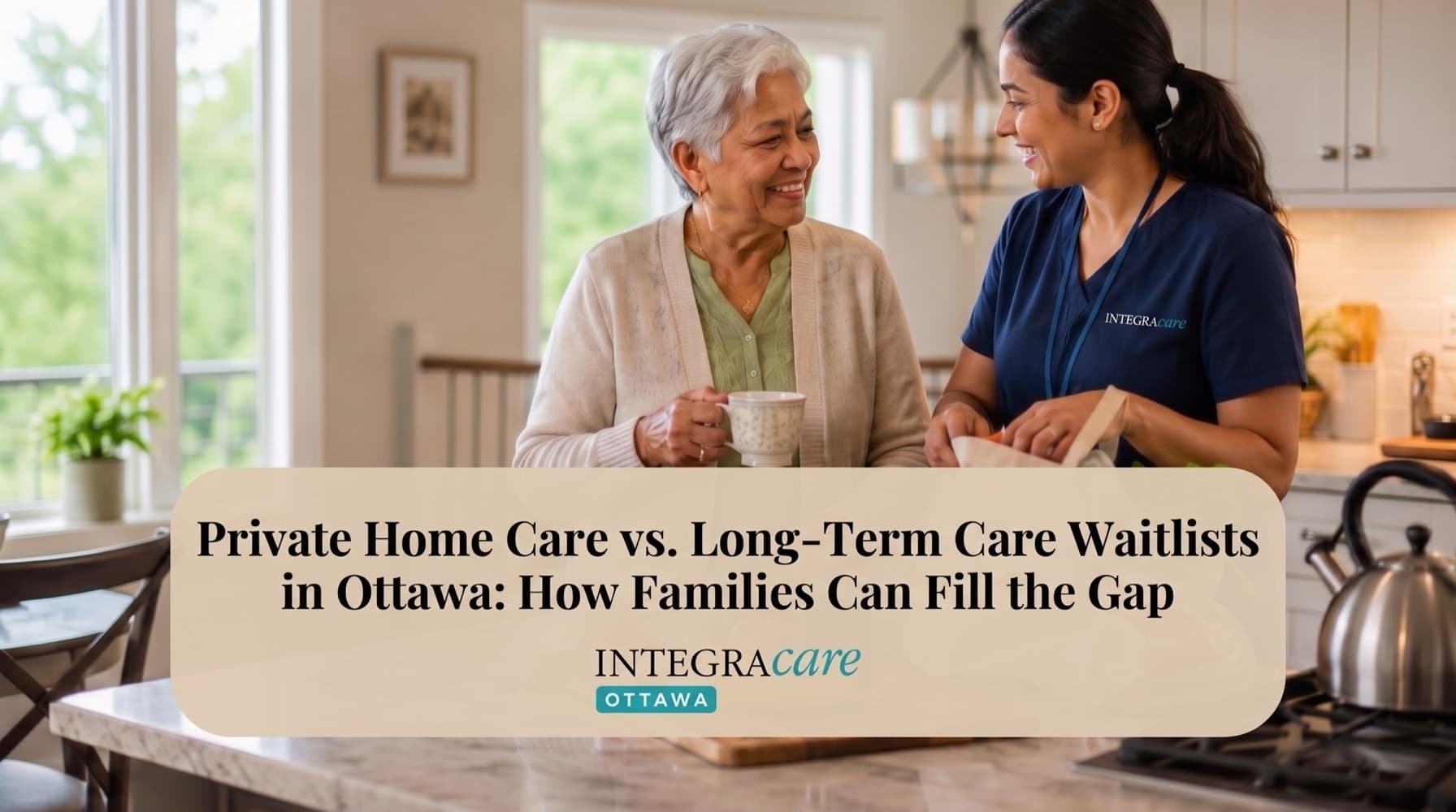 Senior woman speaking with a professional caregiver in her kitchen, representing private home care in Ottawa as an option for families navigating long-term care waitlists