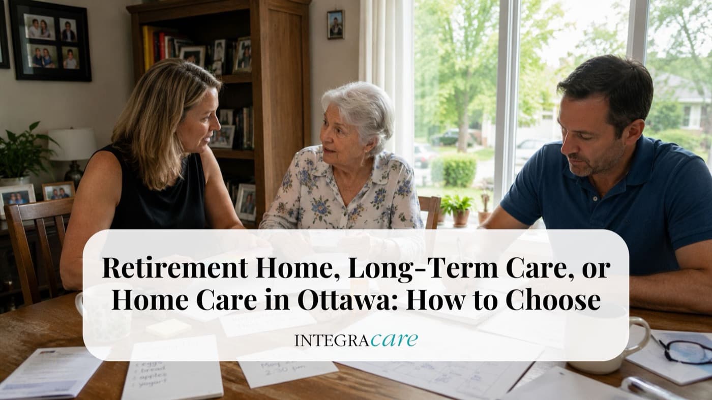 Family discussing retirement home, long-term care, and home care options with an older adult at home in Ottawa.