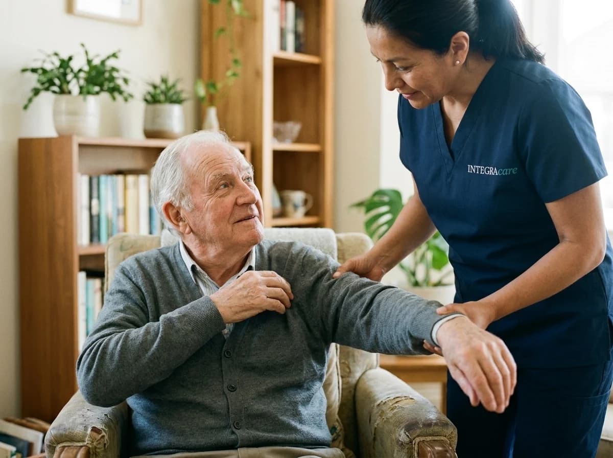 A caregiver in a navy Integracare scrub top helps a seated older man ease an arm into a grey cardigan in a worn armchair.