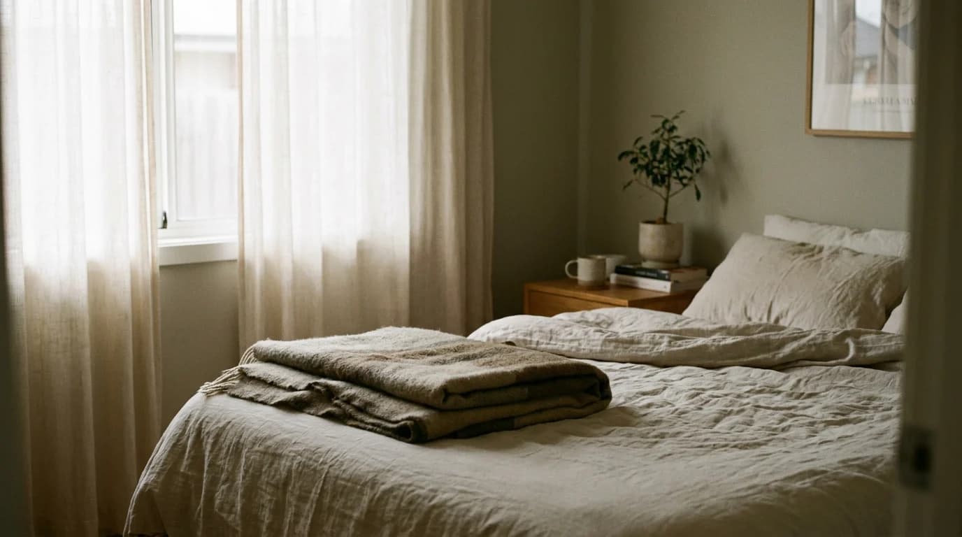 A neatly made bed with a folded wool throw in a quiet bedroom lit through sheer curtains.