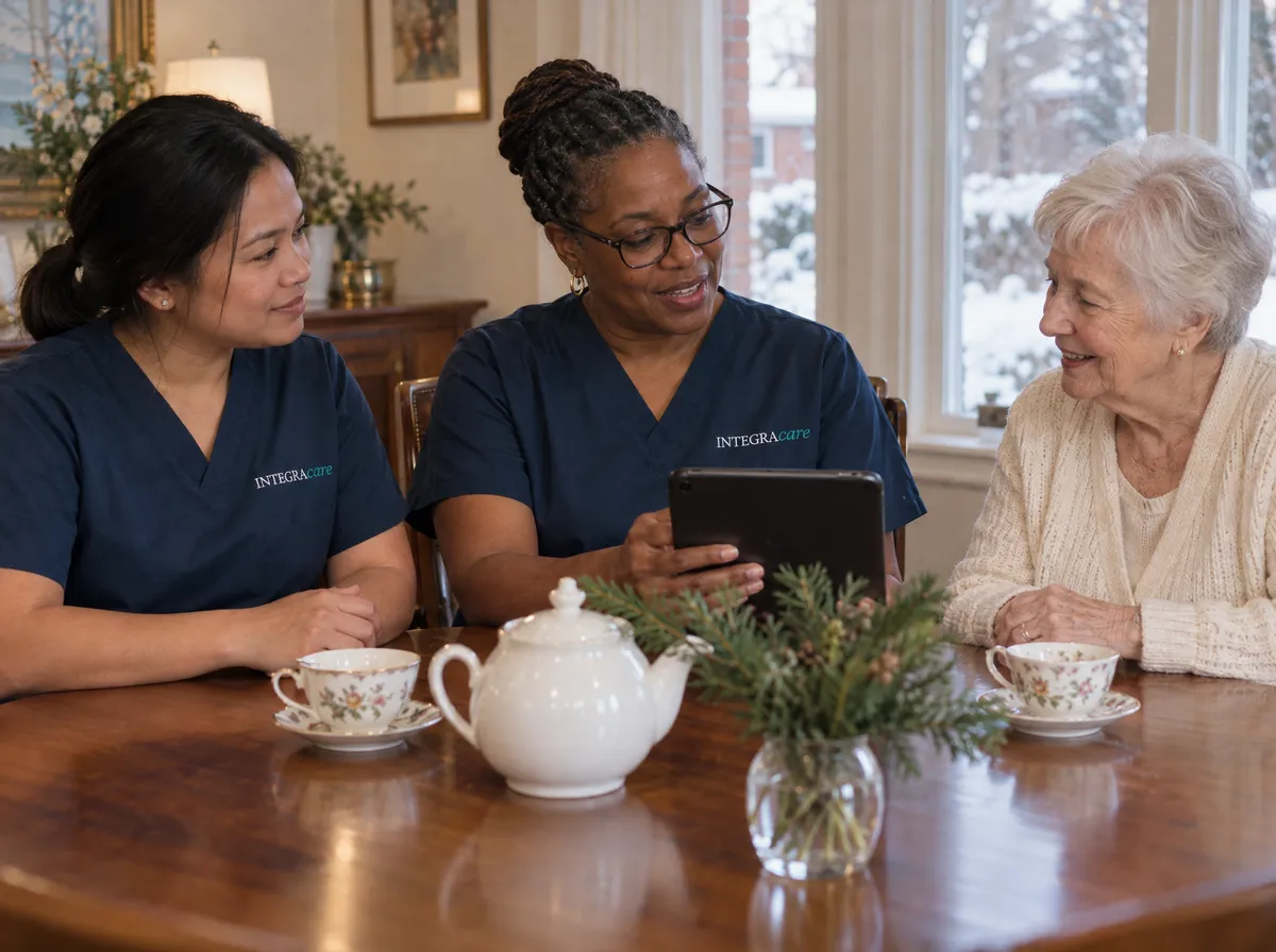 A nurse with a tablet goes over the care plan with an older woman and her live-in caregiver at a dining table set for tea. Both staff wear navy Integracare scrub tops, and snow covers the garden outside.