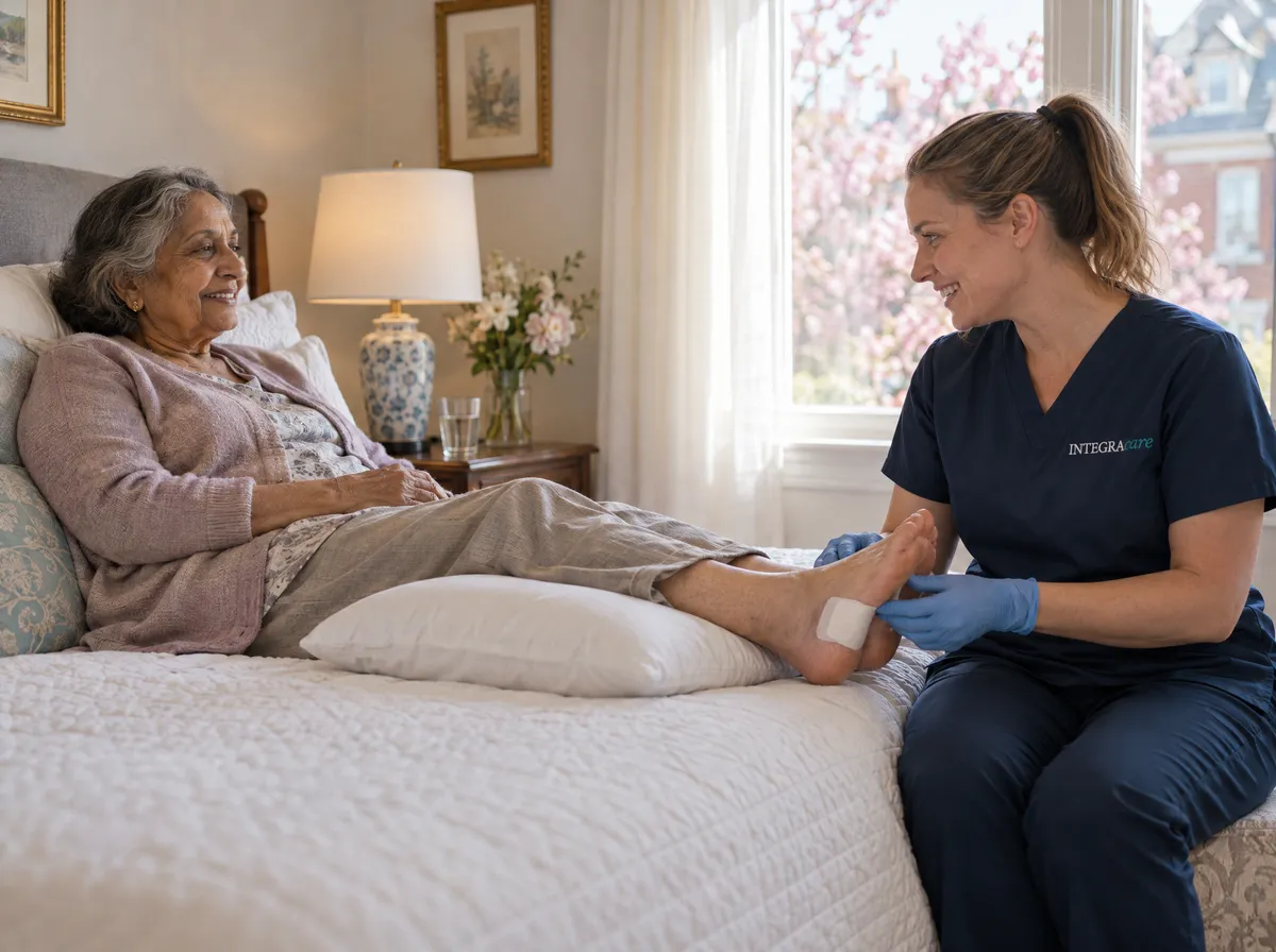 A nurse in a navy Integracare scrub top and blue gloves sits on the edge of the bed and checks a clean dressing on the heel of a smiling older woman, who rests on the bed with her calves on a pillow, a tree in pink blossom outside the window.