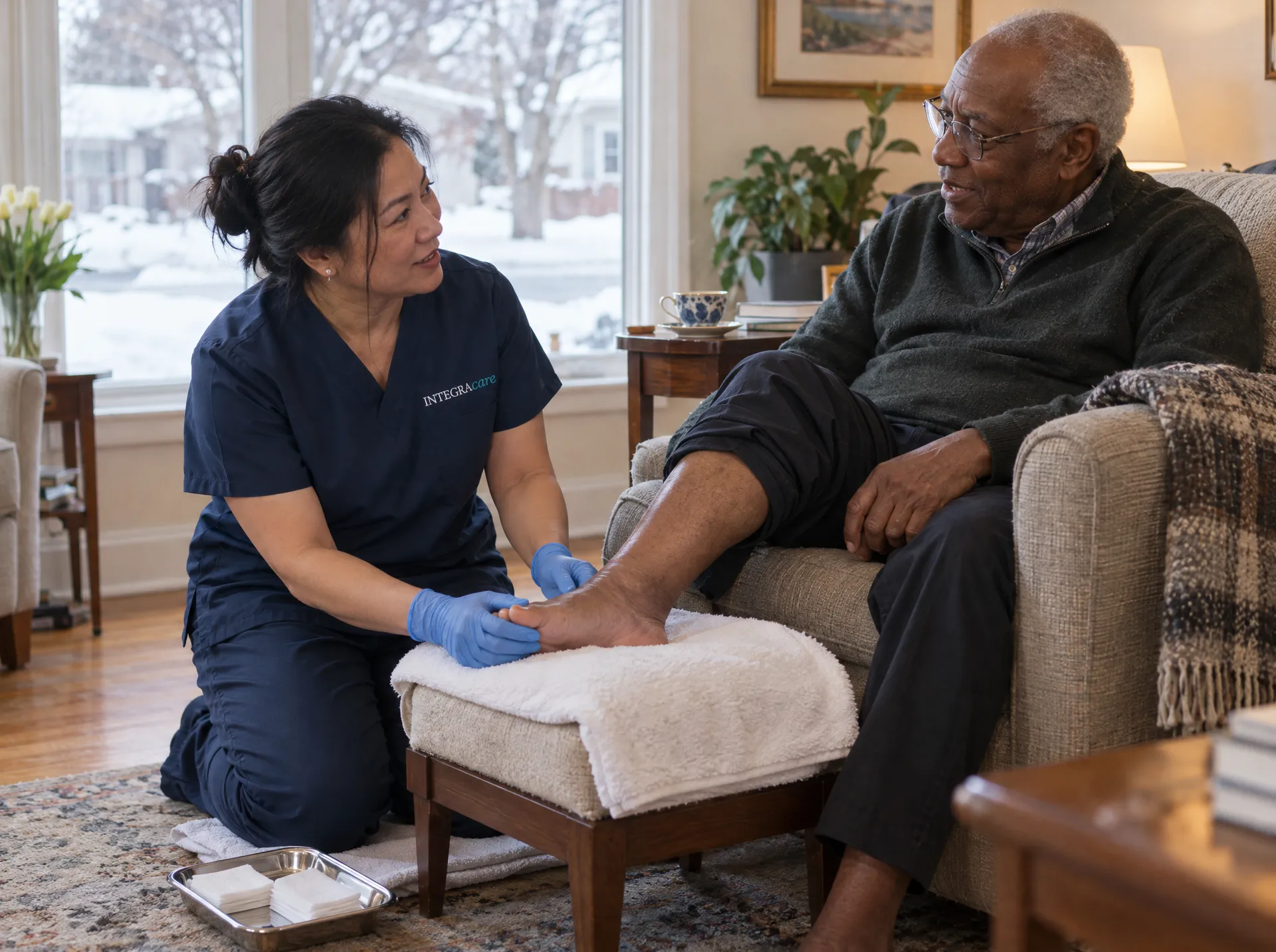 A nurse in a navy Integracare scrub top and blue gloves kneels beside an older man in an armchair and checks his bare foot on a towel-covered footstool as they talk, with snow outside the window.
