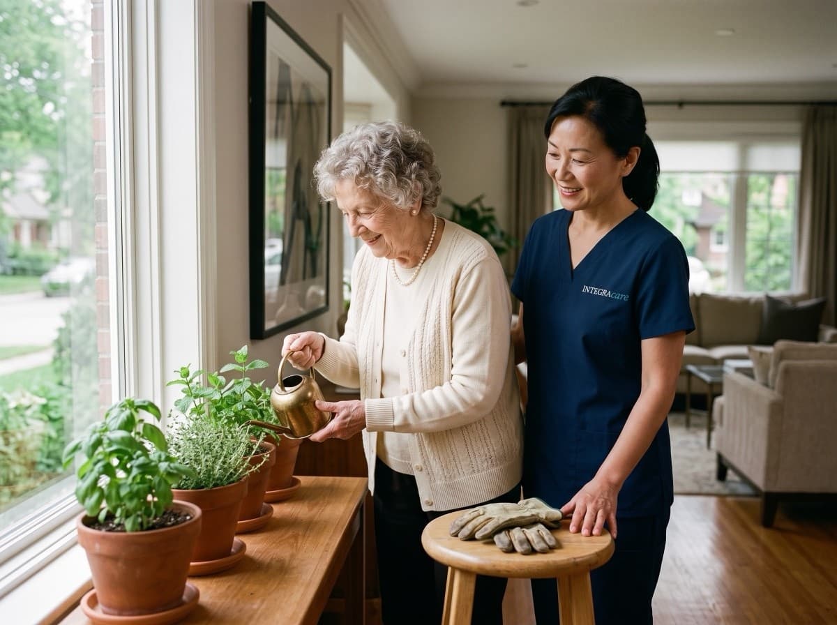 A senior client watering the herbs on her windowsill while her Integracare caregiver stands alongside