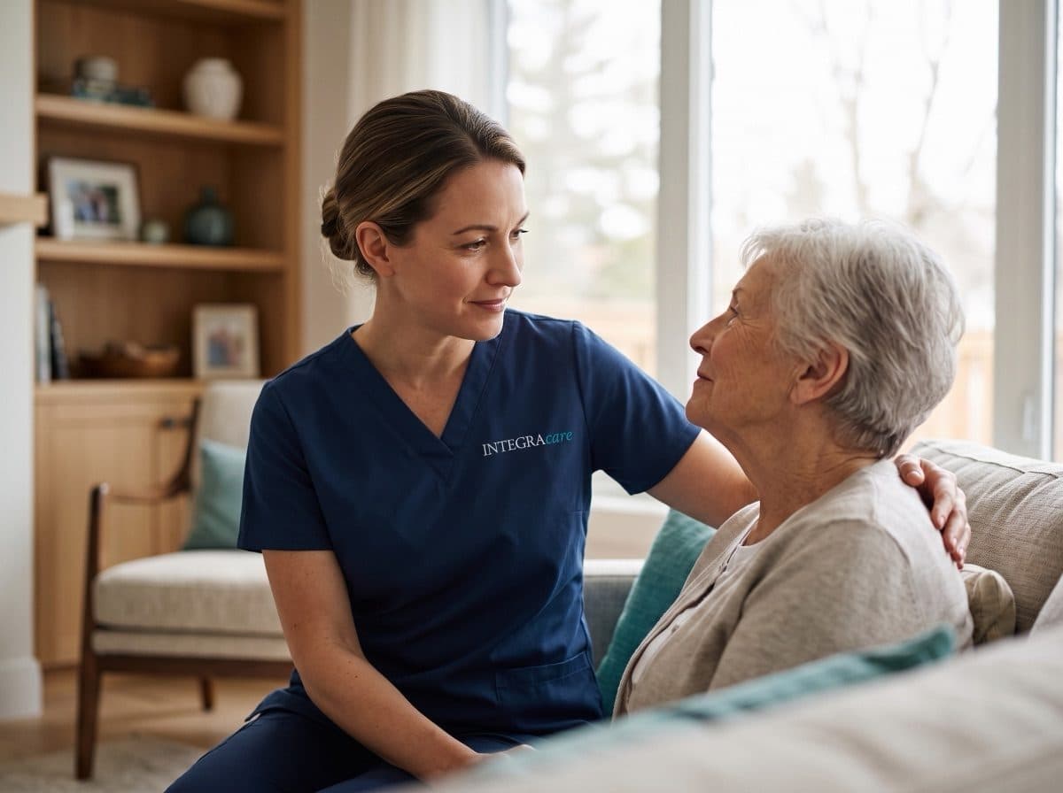 Integracare caregiver sitting with a senior woman in her living room