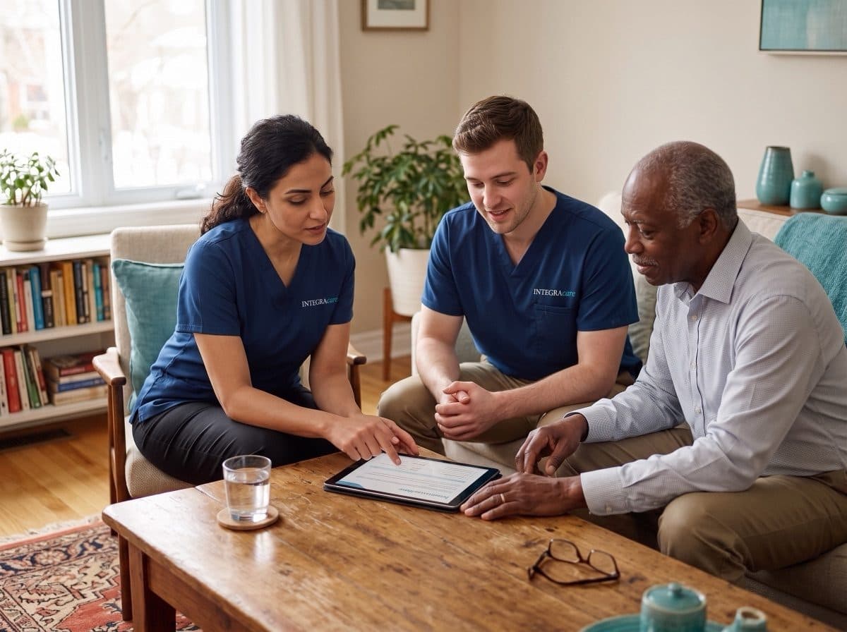 Care coordinator reviewing a care plan with two family members at home